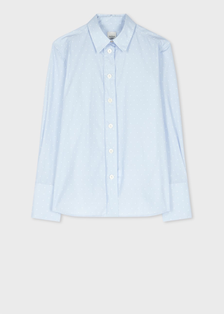 Women's Blue Comfort Spread Collar Polka Dots Printed Cotton Casual Shirt