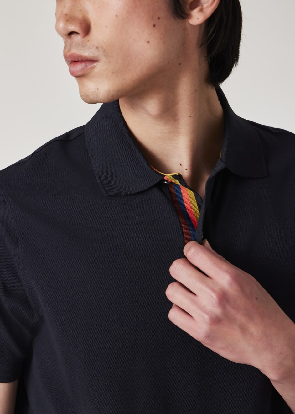Model View - Navy Cotton 'Artist Stripe' Placket Polo Shirt Paul Smith