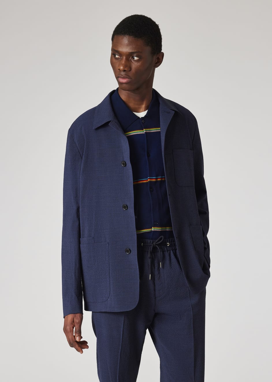 Men's Navy Check Stretch-Wool Seersucker Work Jacket