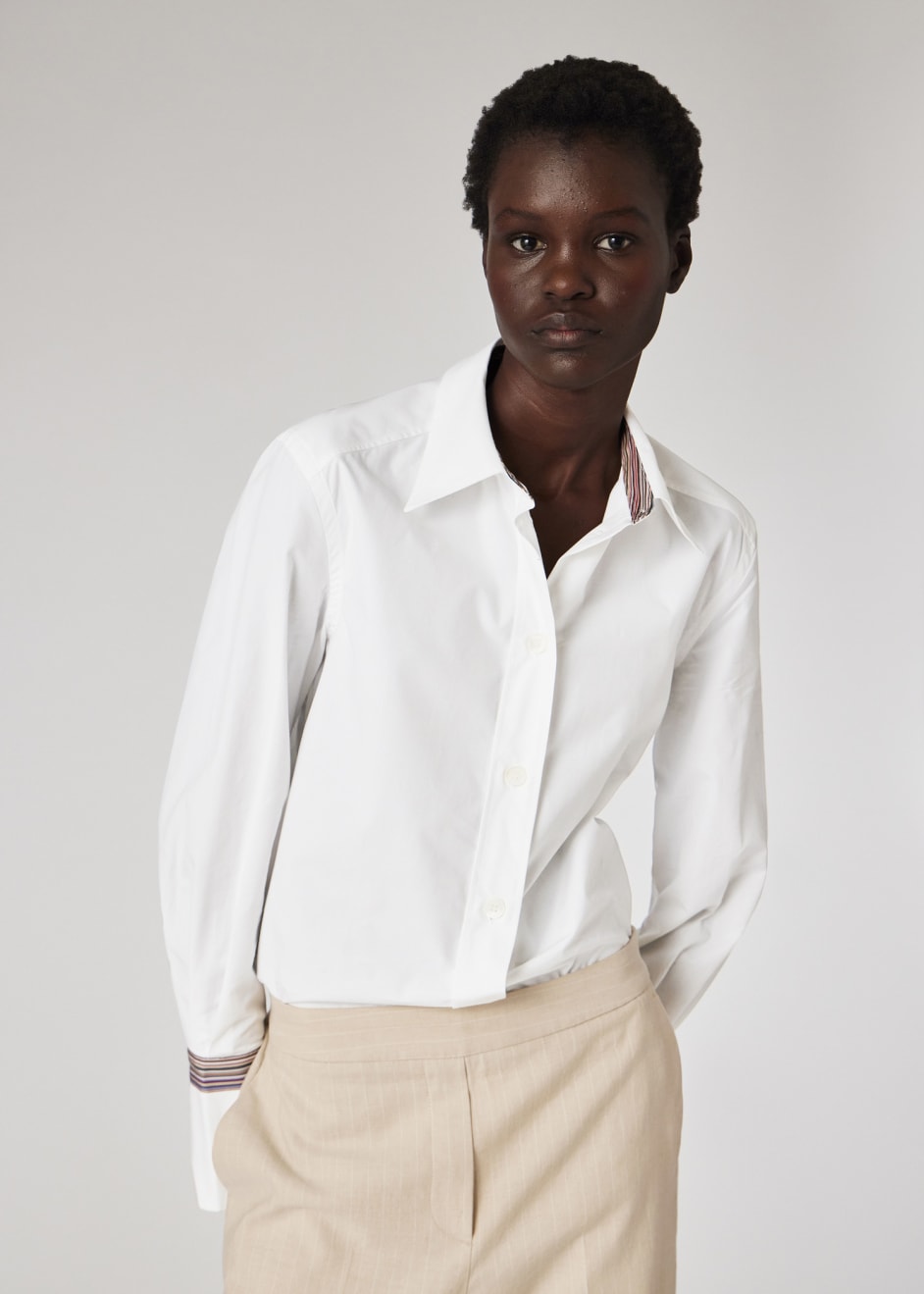Model View - Women's White 'Signature Stripe' Cuff Shirt Paul Smith