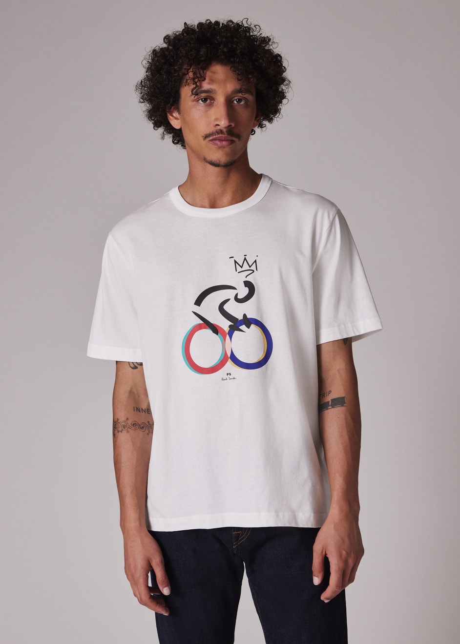 Tシャツ・カットソー PS PAUL SMITH Men T-shirt White M2R220XMP4504 02 Men's White 'Cyclist' Print T-Shirt