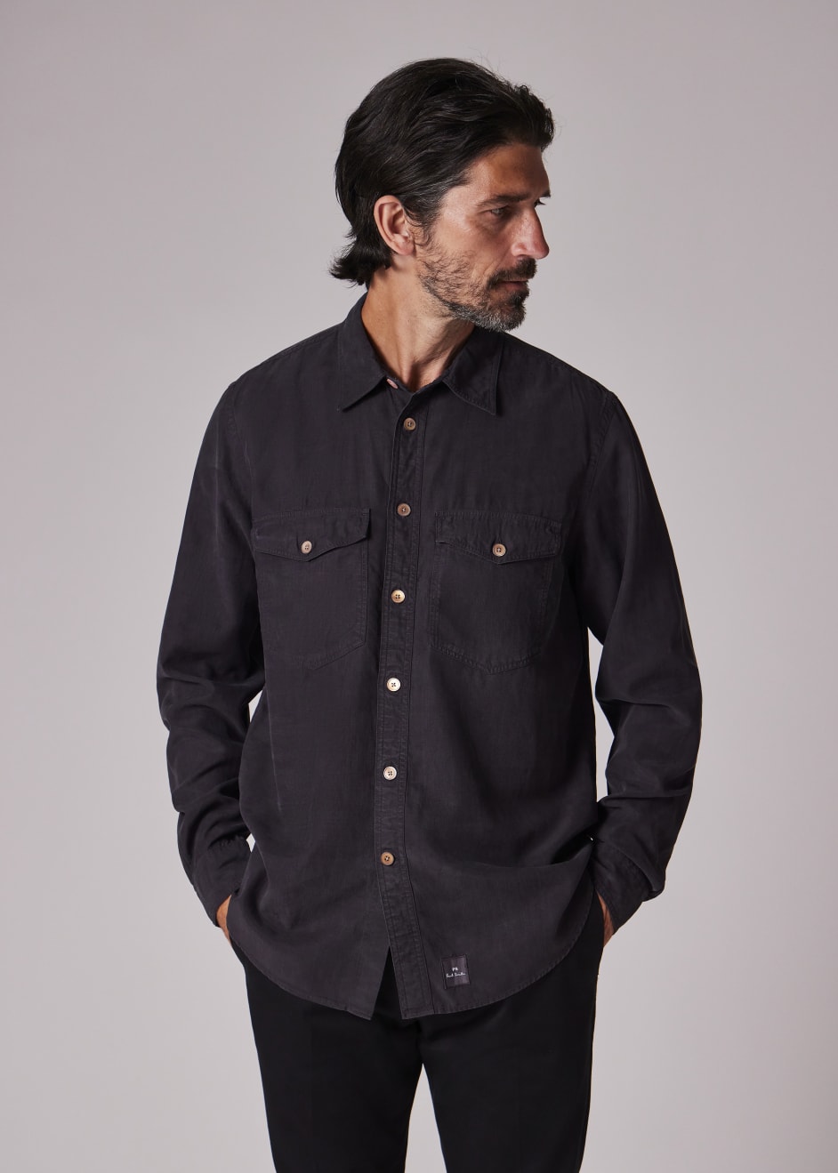 paul smith(BLACK) シャツ Super Slim-Fit Black Shirt With 'Artist Stripe' Cuff Lining