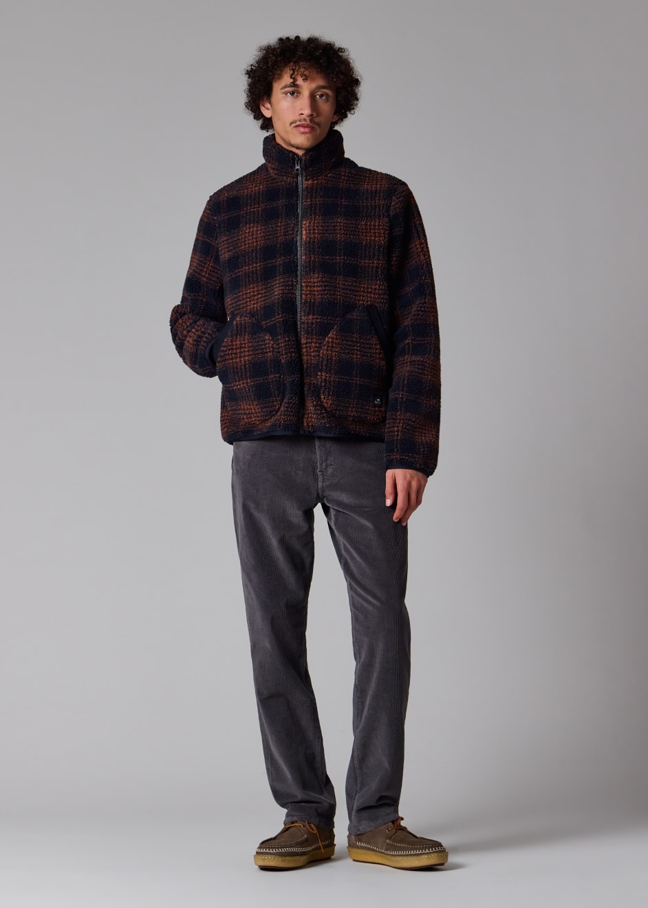 Men's Navy and Orange Check Zip Fleece Jacket