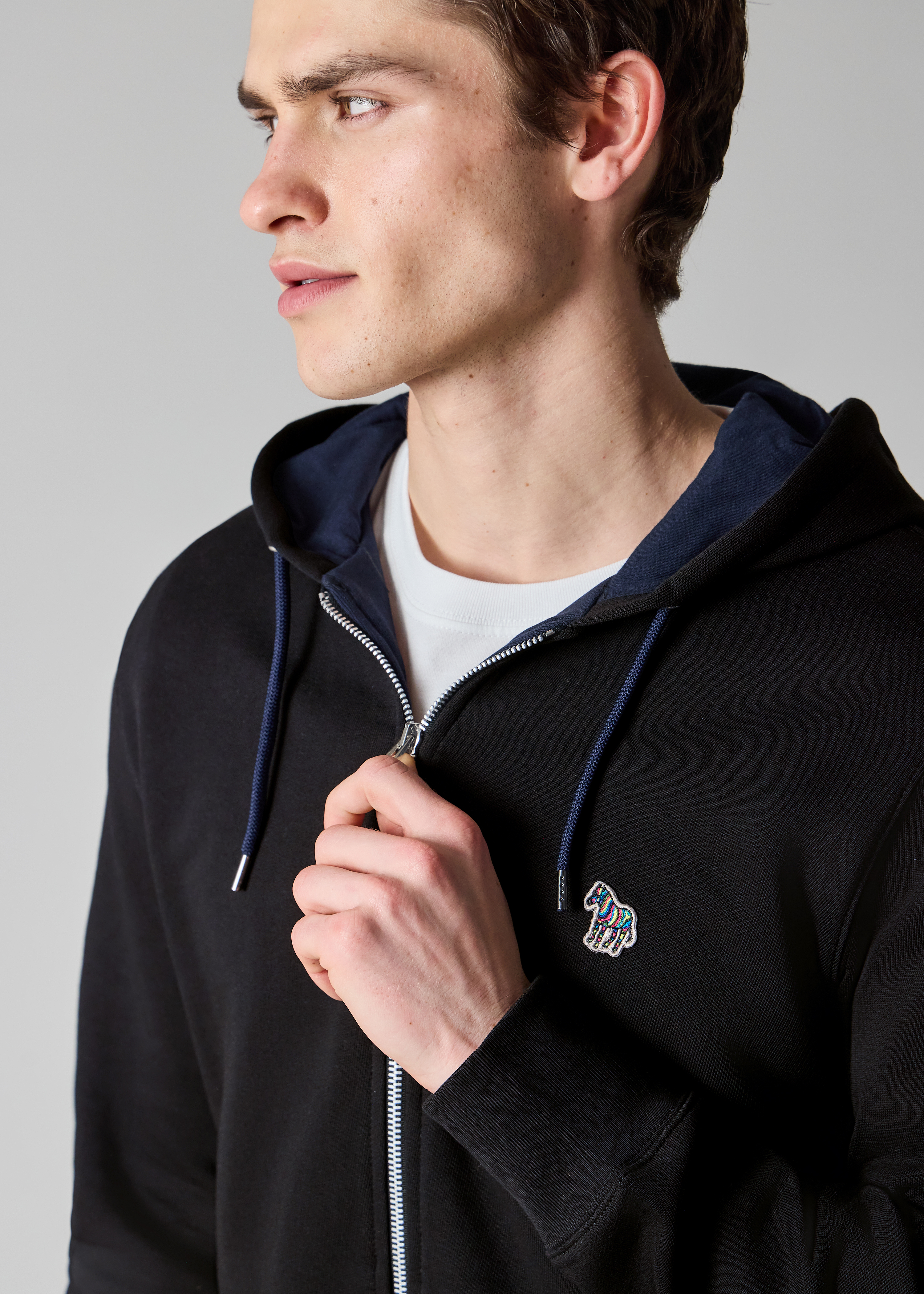 Men's Black Cotton Zip-Front Zebra Logo Hoodie