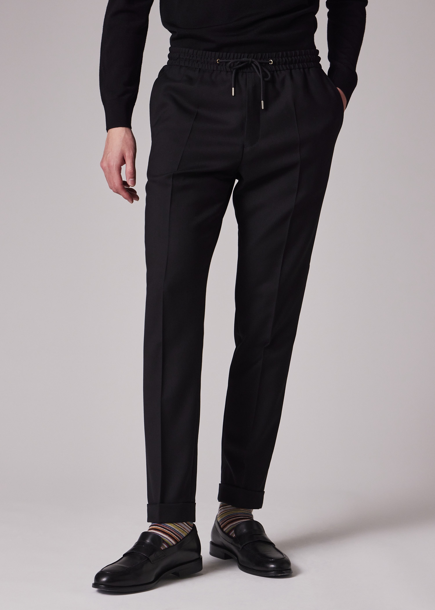Men's Black Drawstring-Waist Wool Travel Pants