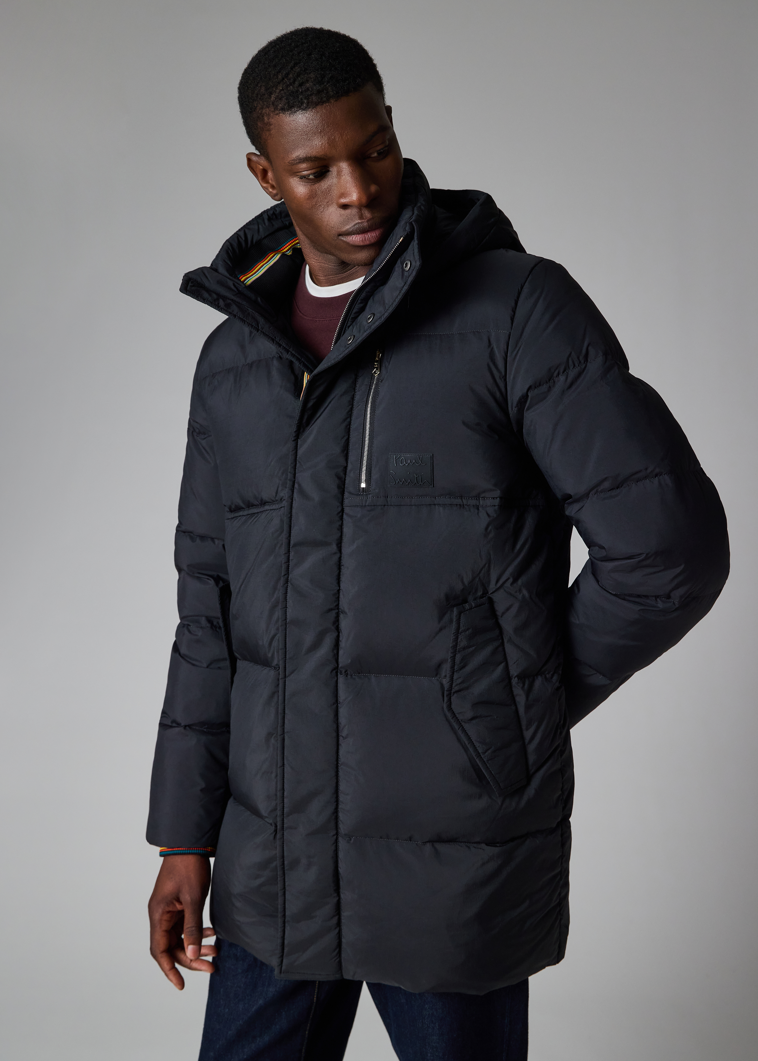 Men's Black Water Repellent Mid-Length Down Coat