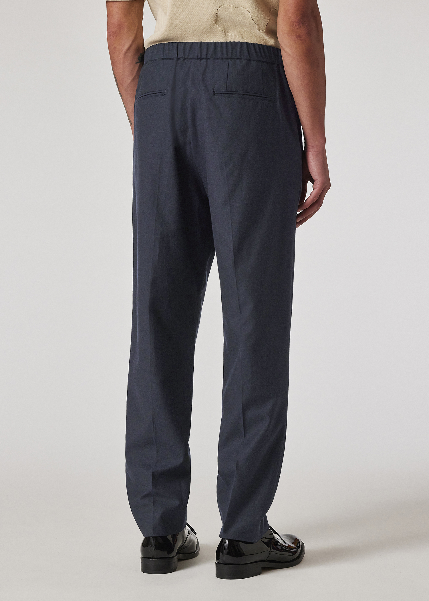 Navy Wool And Cotton-Blend Elasticated Waist Trousers thumbnail 3