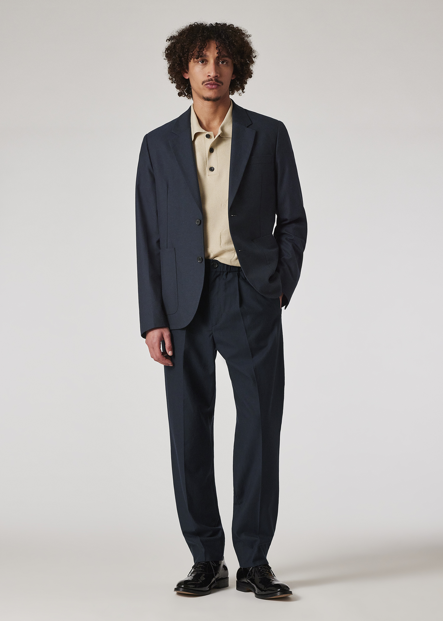 Navy Wool And Cotton-Blend Elasticated Waist Trousers thumbnail 2
