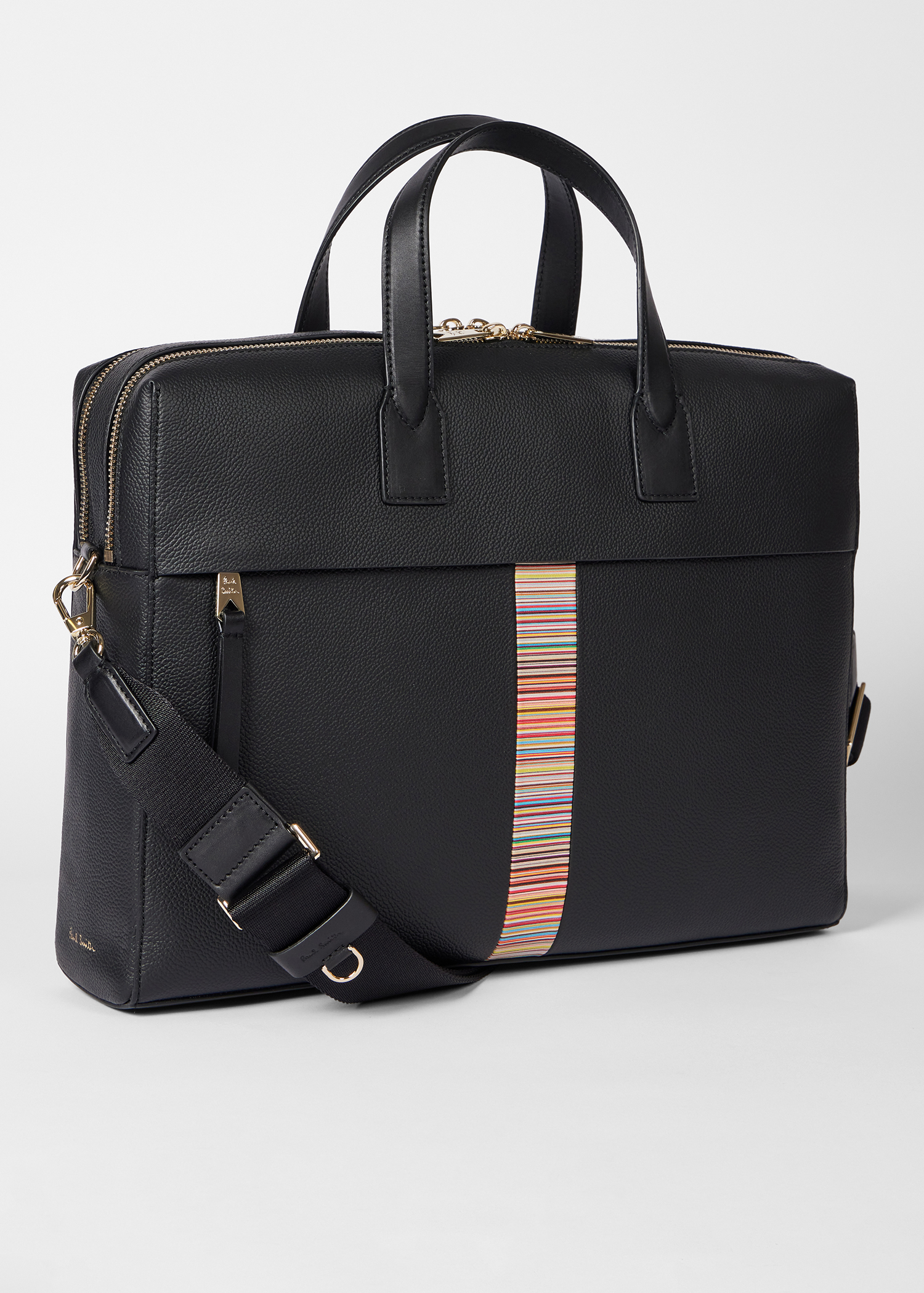 Men's Black Leather 'Signature Stripe' Trim Double-Zip Folio