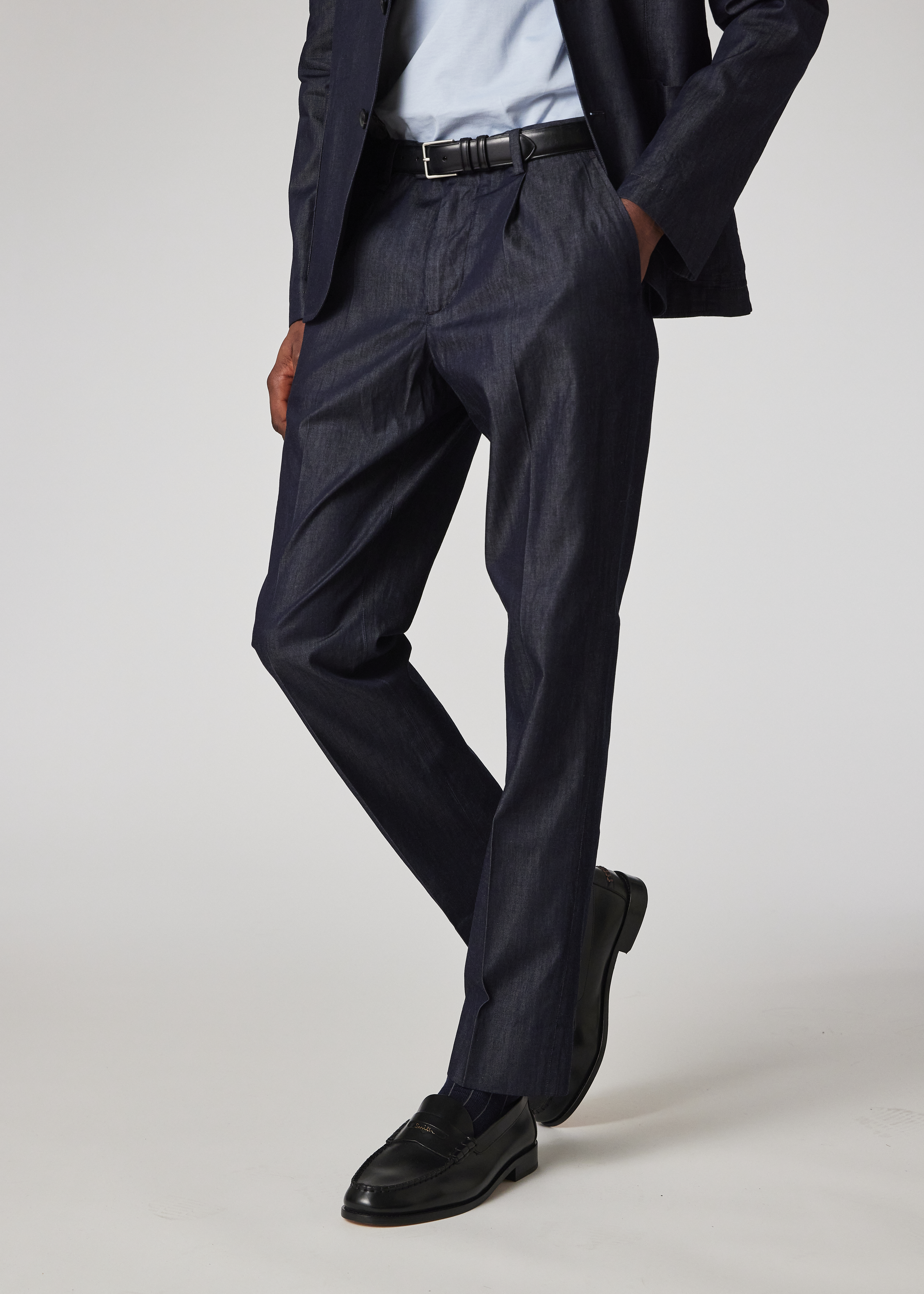 Indigo Rinse Cotton-Twill Pleated Trousers primary image