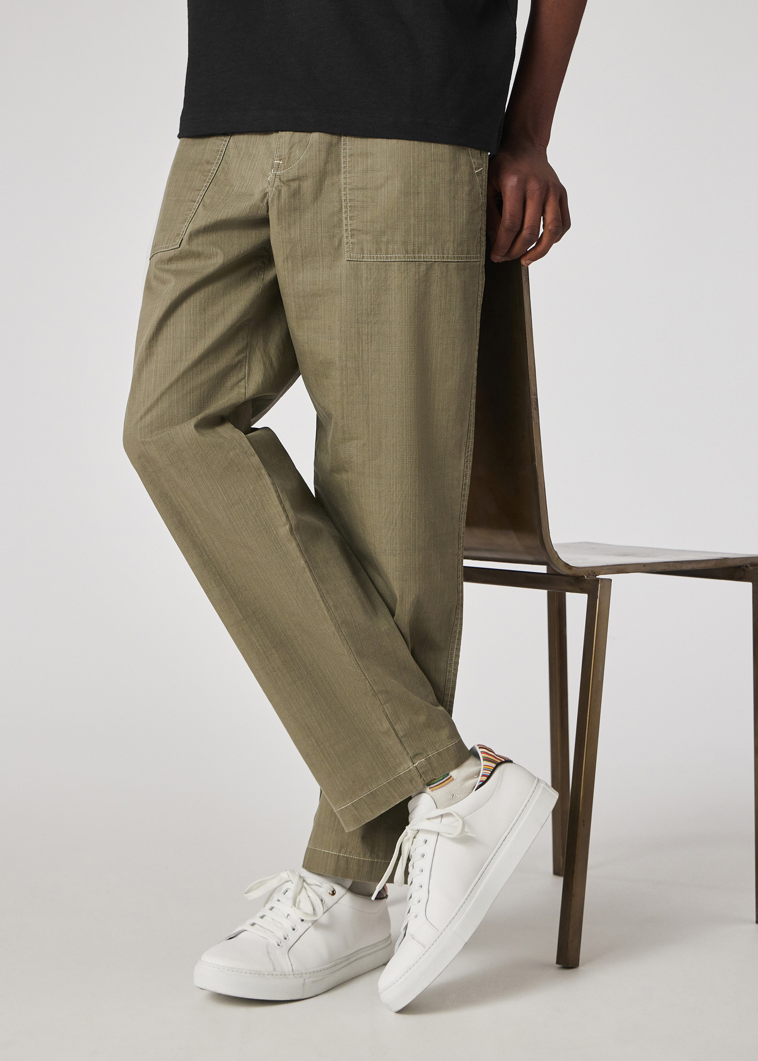 Khaki Coated Slub-Cotton Trousers thumbnail 2