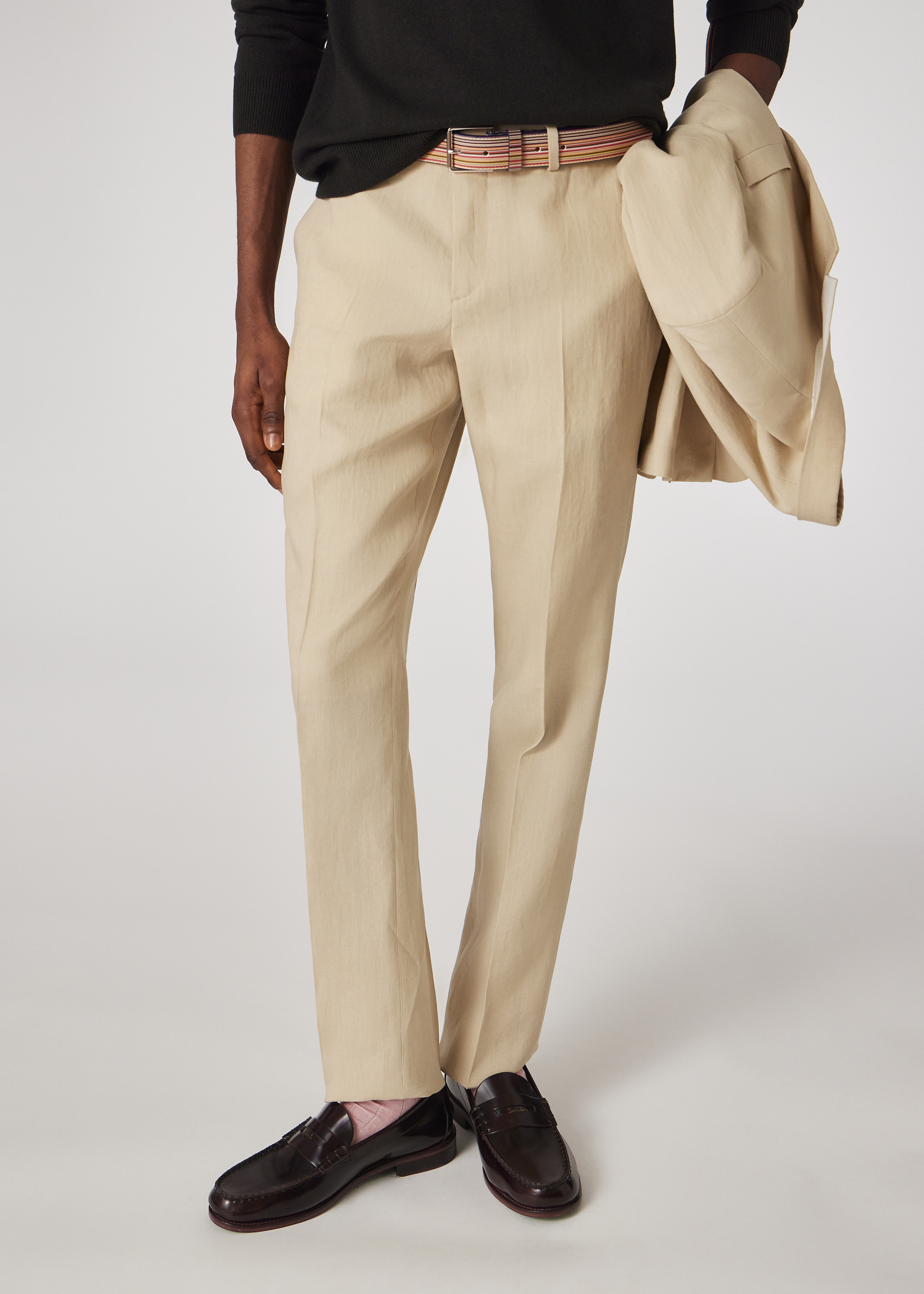 Beige Linen Tapered-Fit Trousers thumbnail 2