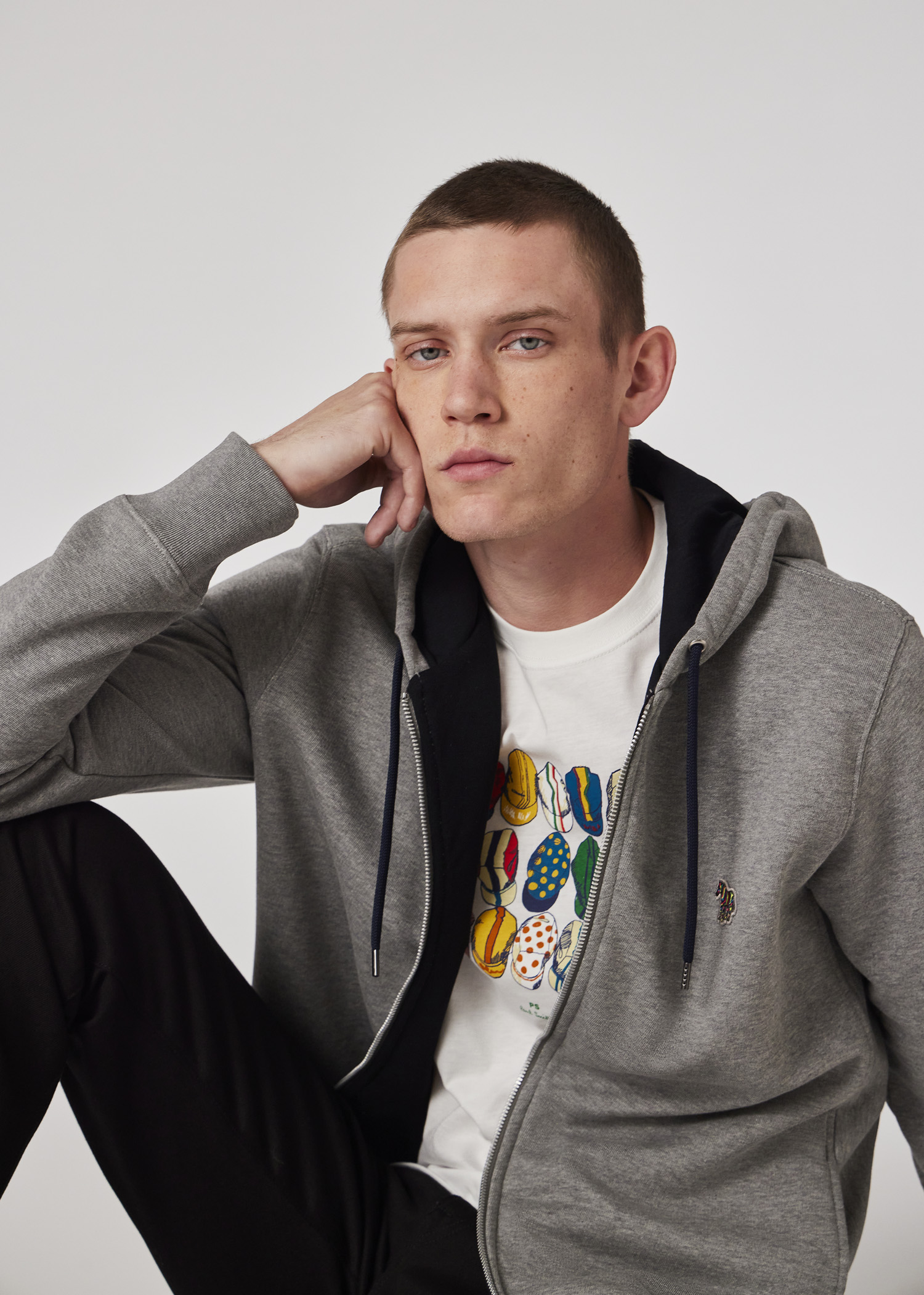 Grey Cotton Zip-Front Zebra Logo Hoodie