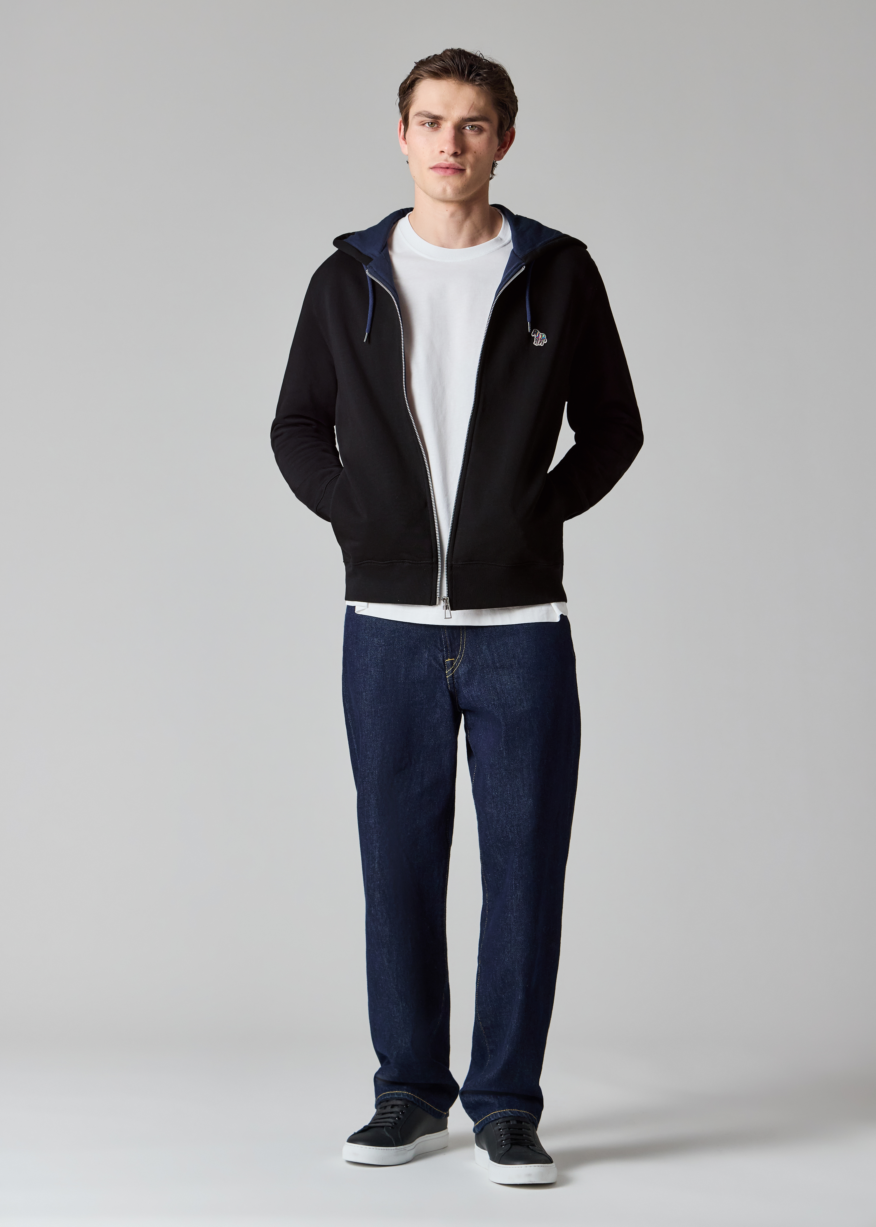 Dark Navy Cotton Zip-Front Zebra Logo Hoodie