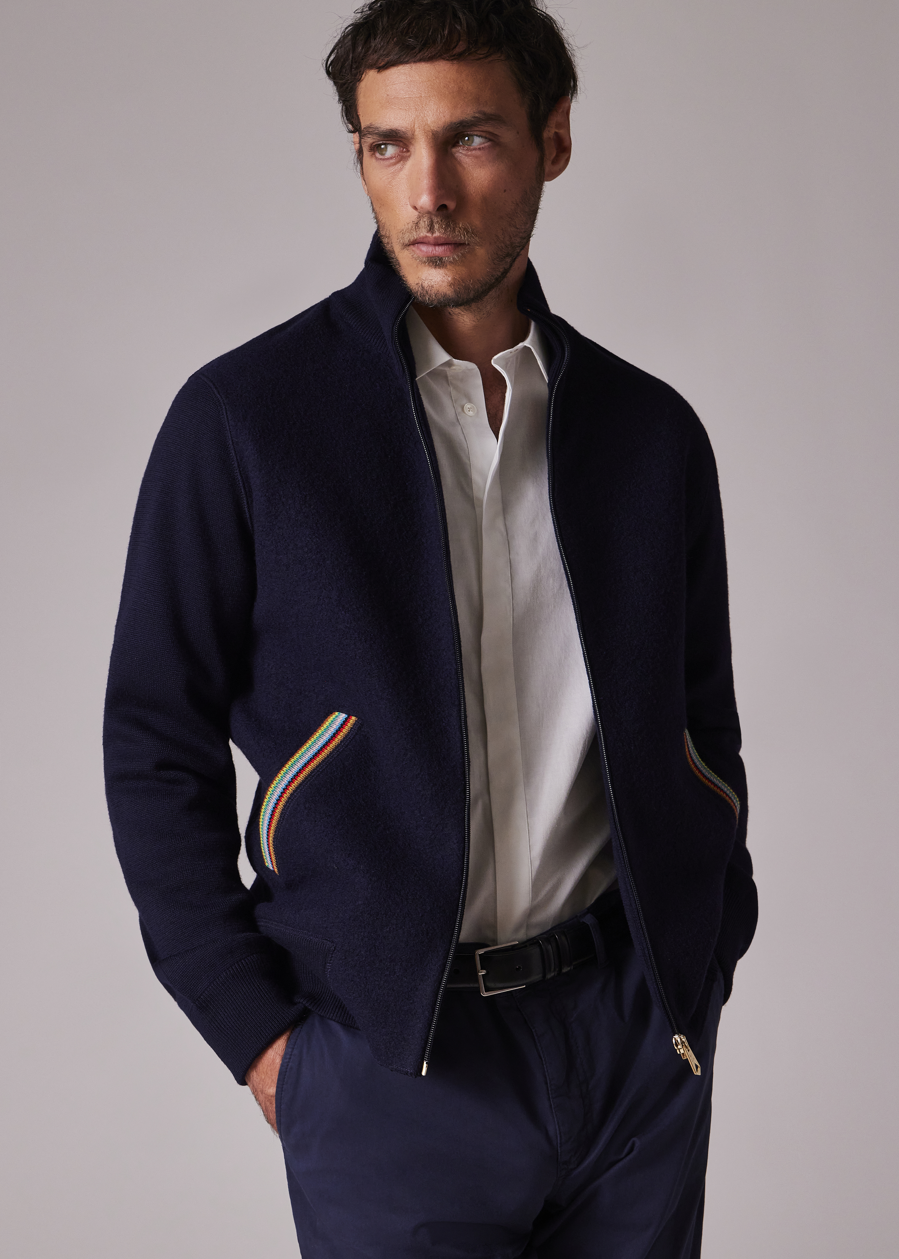 Navy 'Signature Stripe' Merino Wool Knitted Jacket thumbnail 2