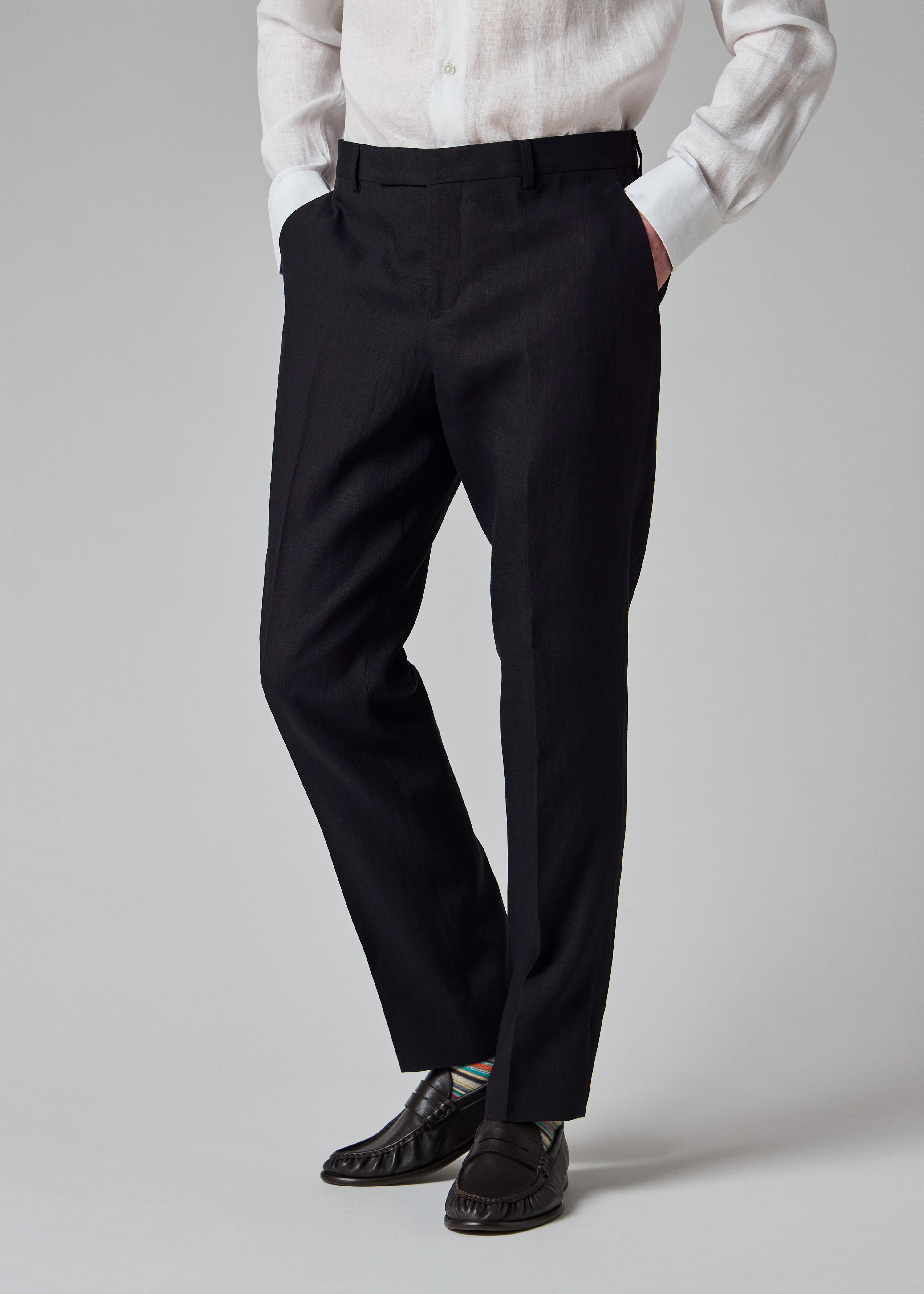Tapered-Fit Dark Navy Linen Trousers thumbnail 3
