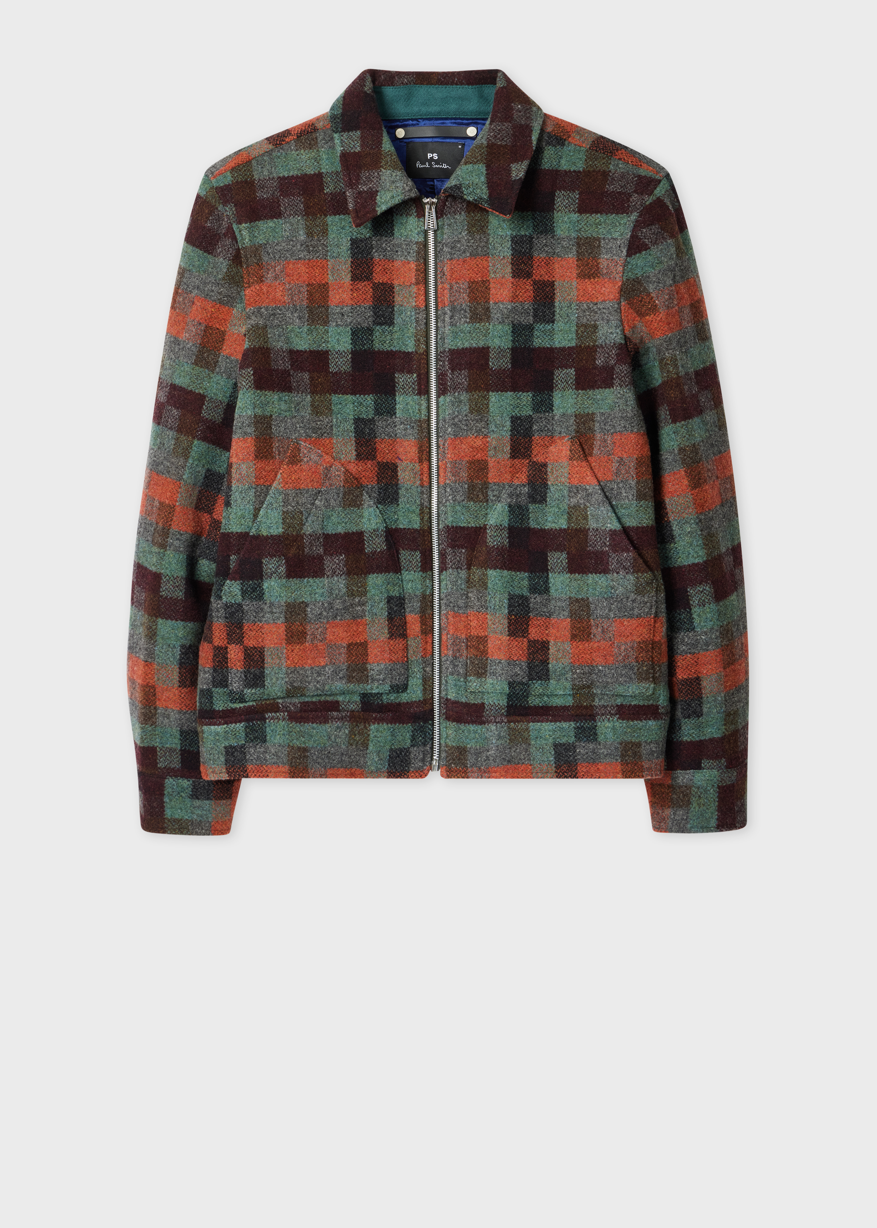 Men's Teal Jacquard Check Wool Zip Jacket