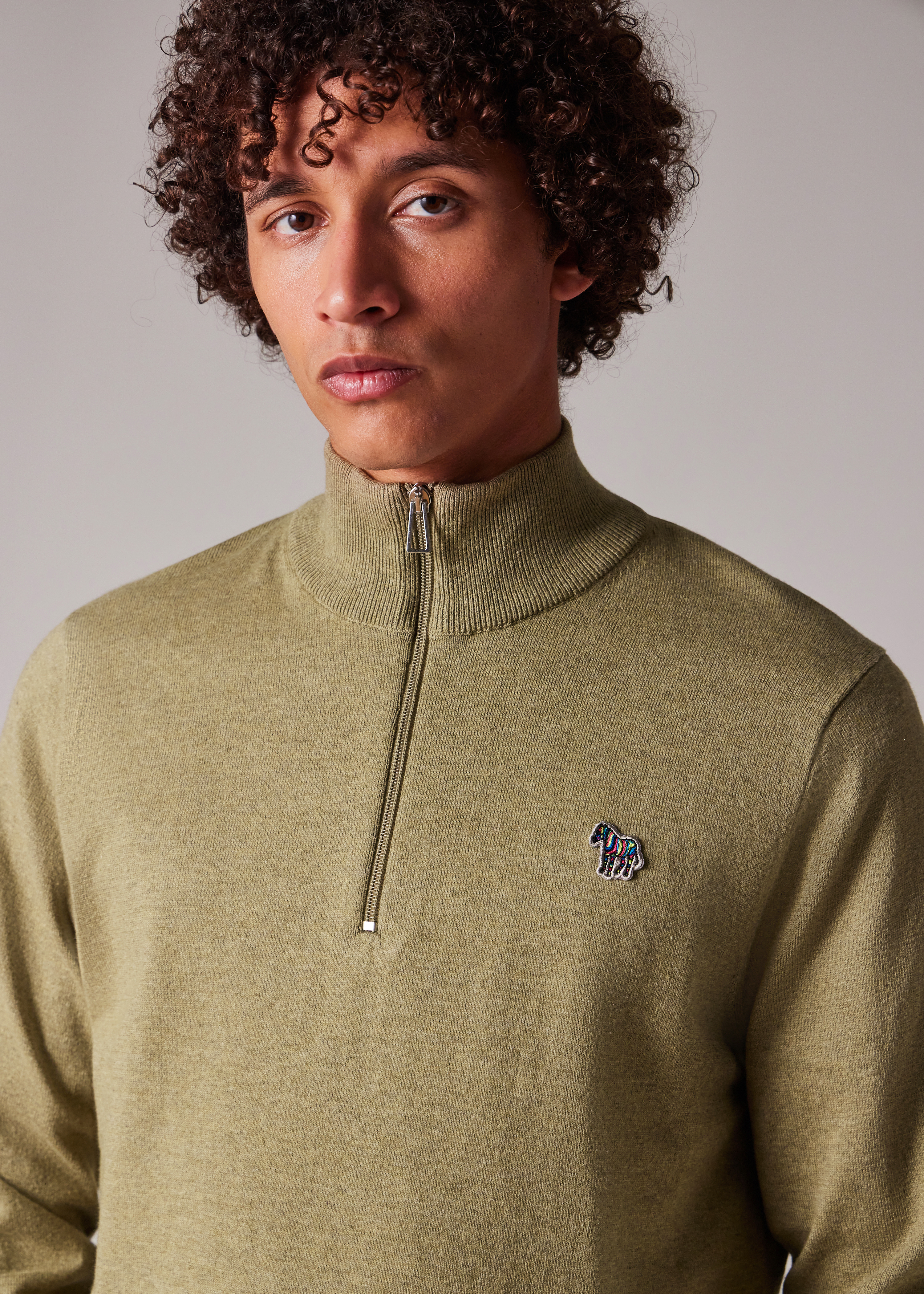 Camel Cotton-Blend Zebra Logo Half Zip Sweater