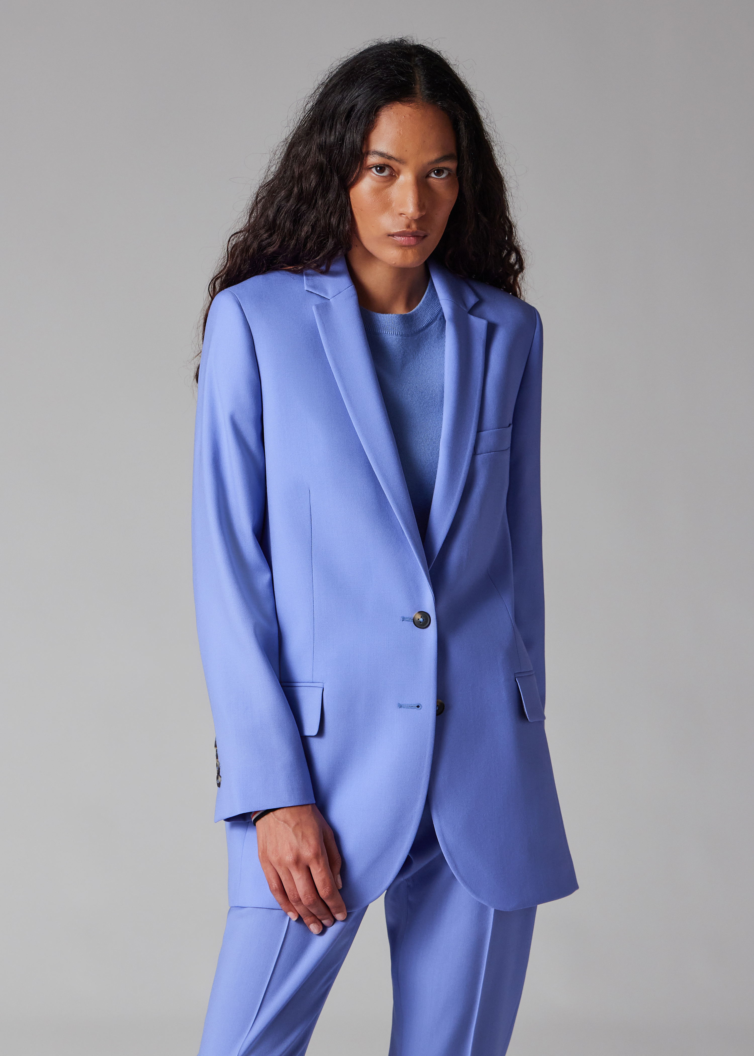 PS Paul Smith Women's Dusty Blue Wool Hopsack Longline Blazer