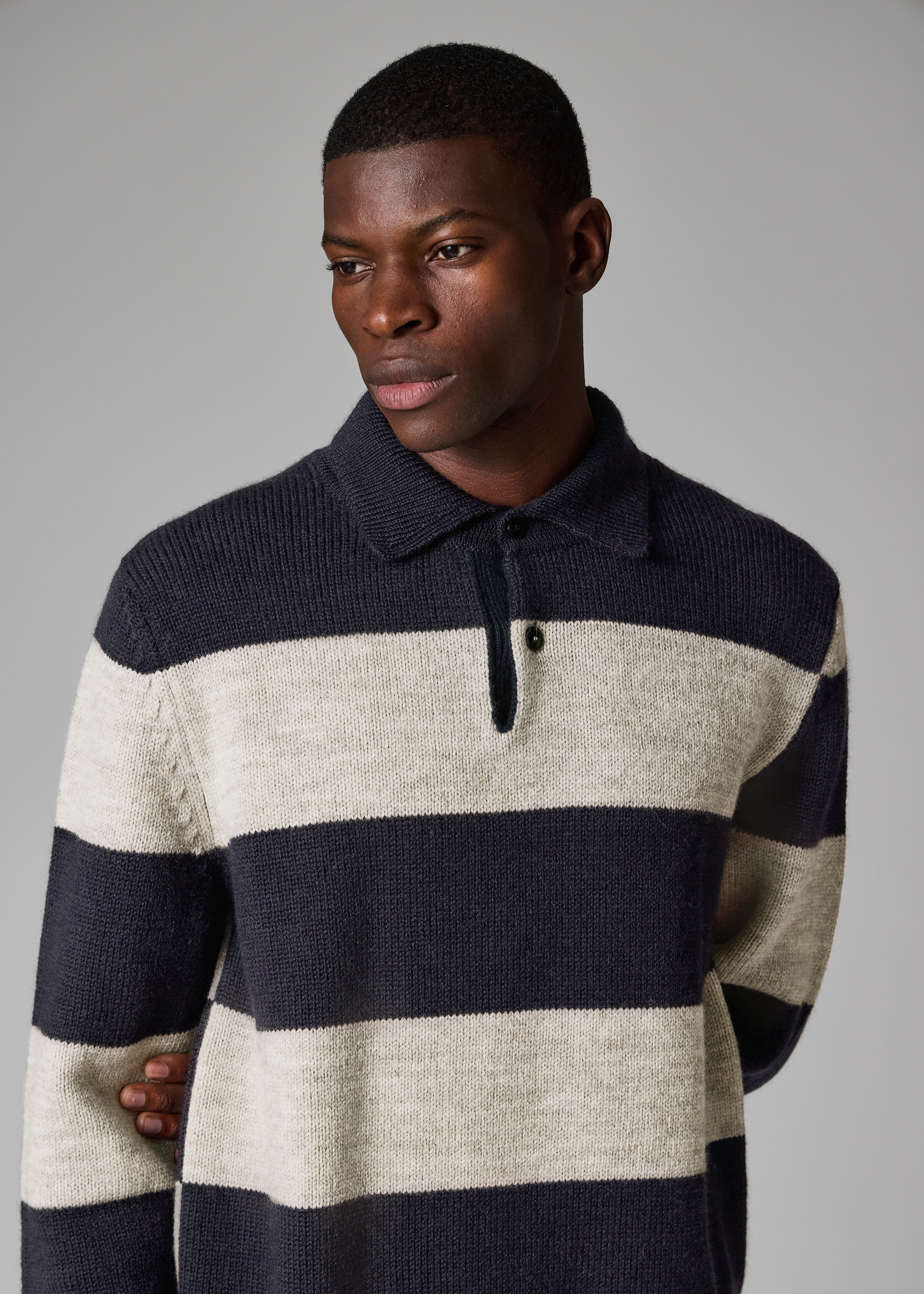 スノーボード EASY STRAY STRIPED ZIP POLO Men's Navy Block Stripe Knitted Polo Sweater