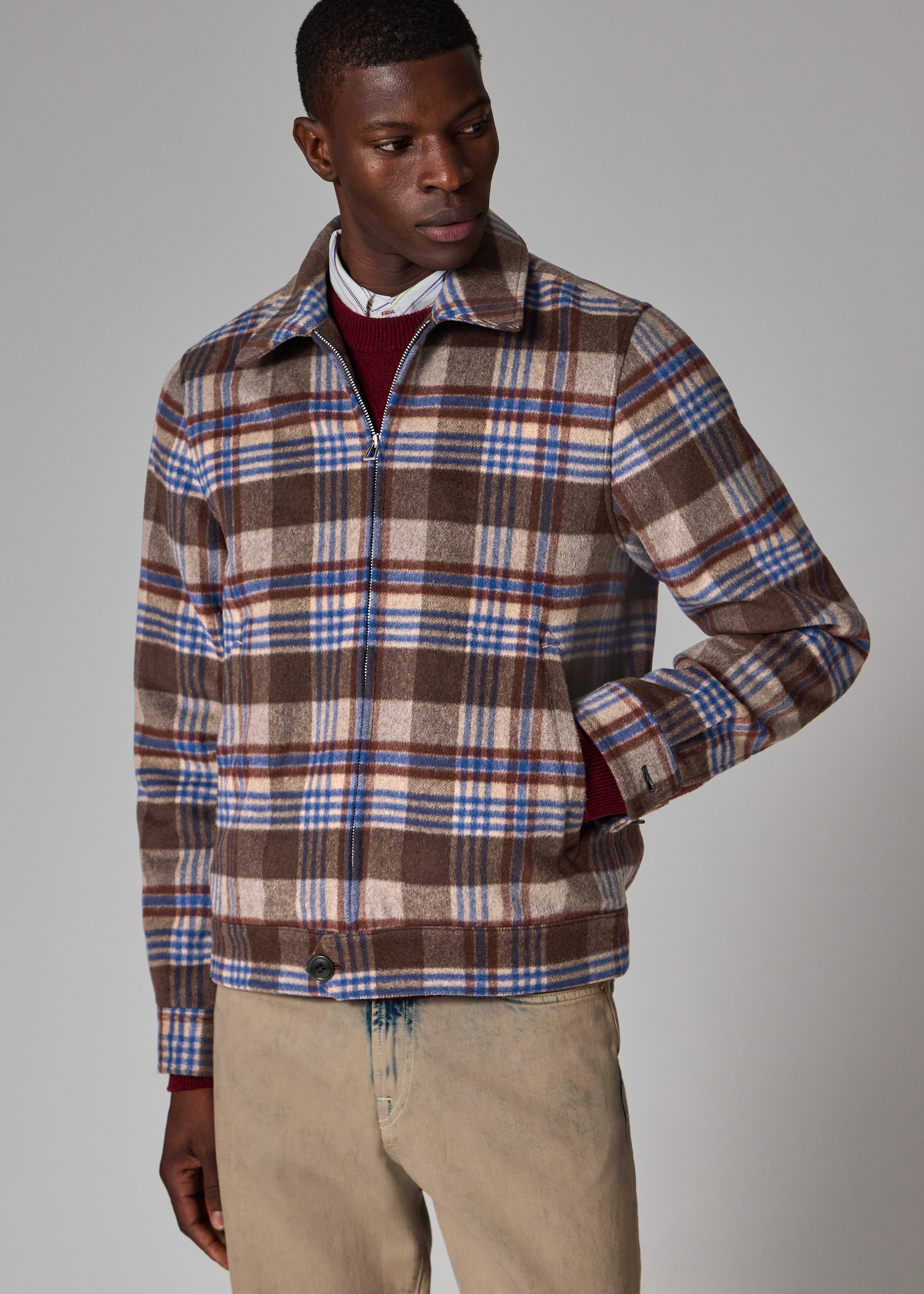 Men's Brown and Blue Brushed Wool-Blend Zip Jacket