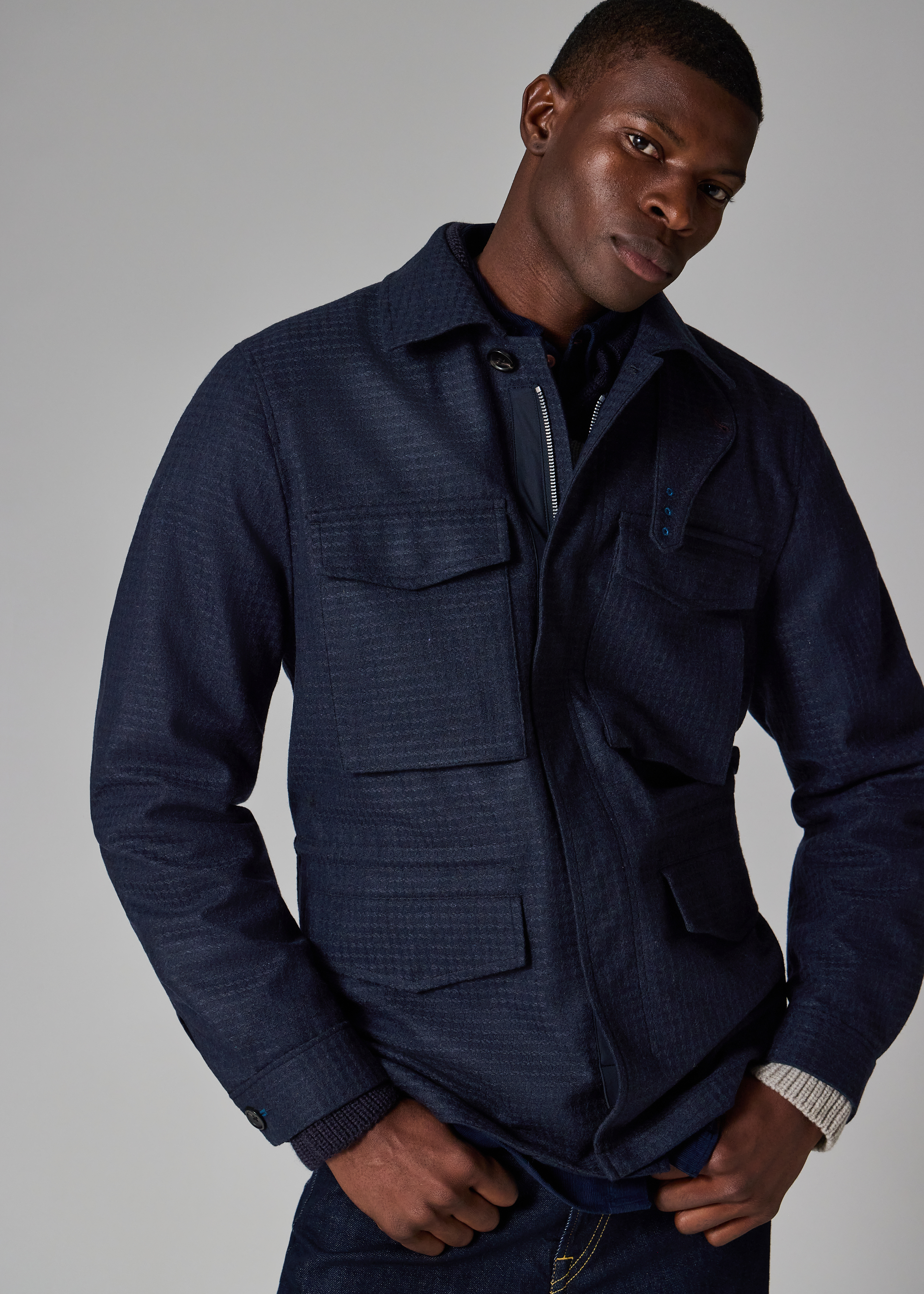 Men's Navy Textured Wool-Blend Field Jacket