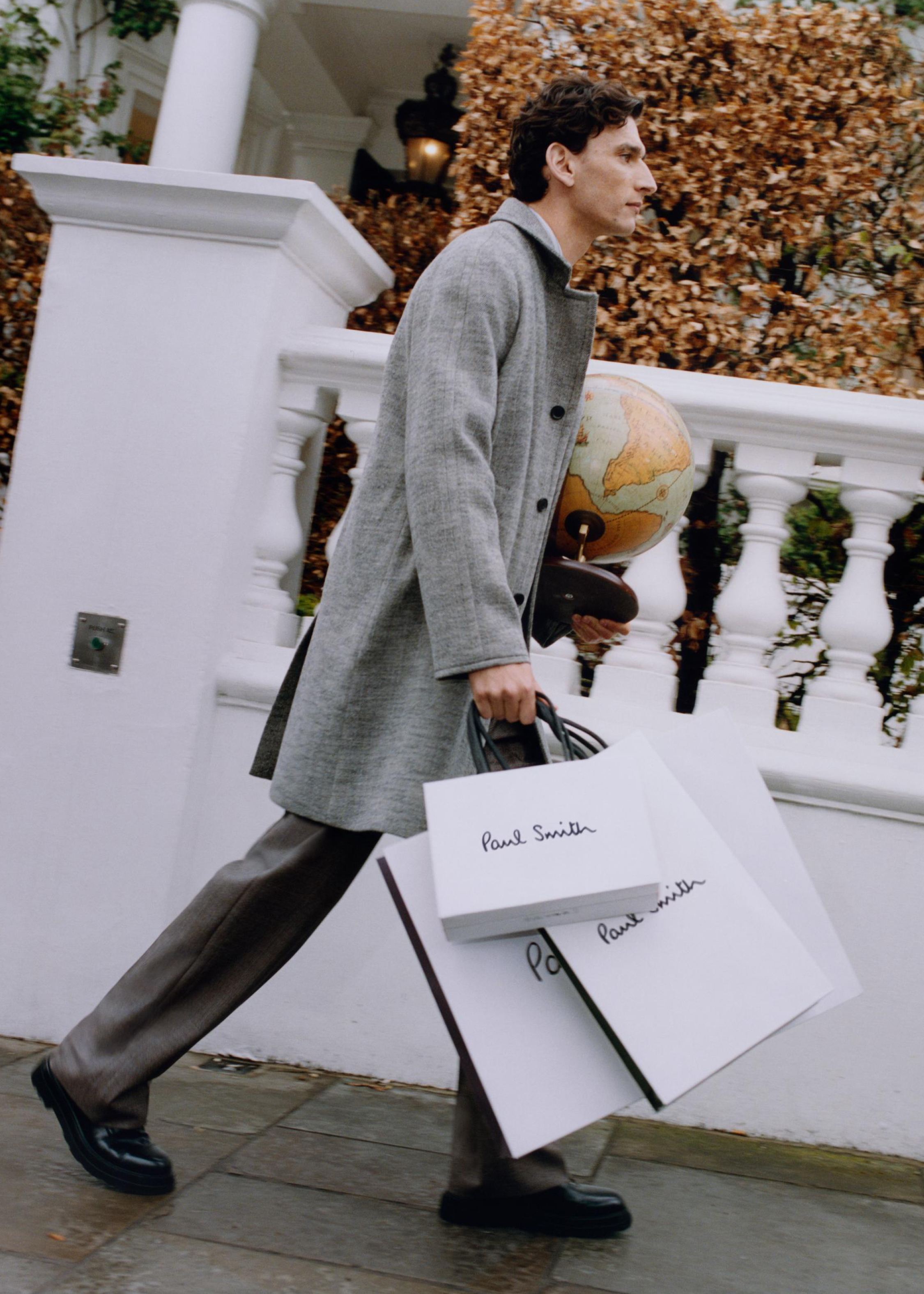 Men's Grey Tumbled Herringbone Wool-Blend Overcoat