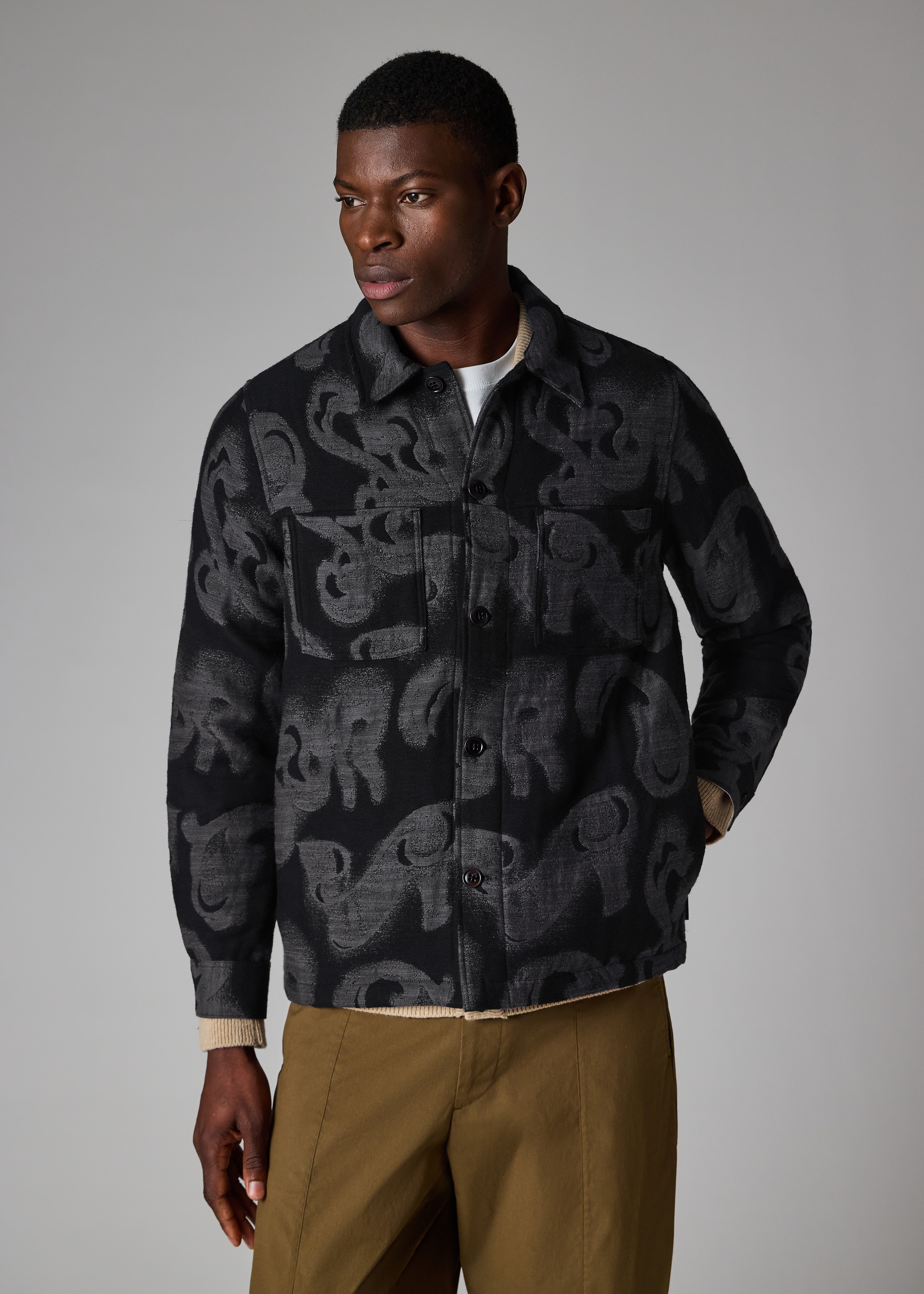 Men's Black 'Waltzer' Jacquard Cotton-Blend Shirt Jacket
