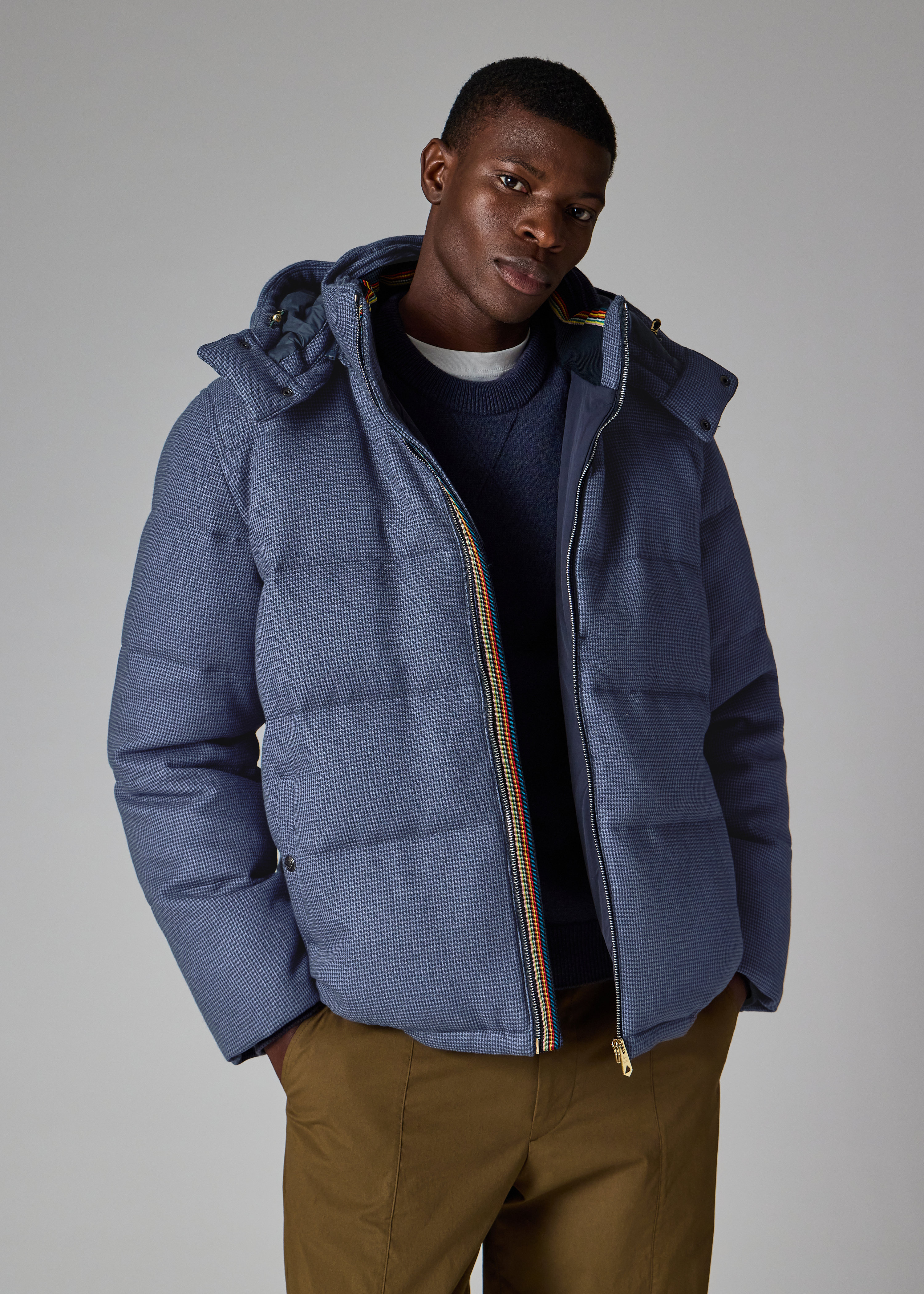 Paul Smith Navy Houndstooth Down Jacket with Detachable Hood