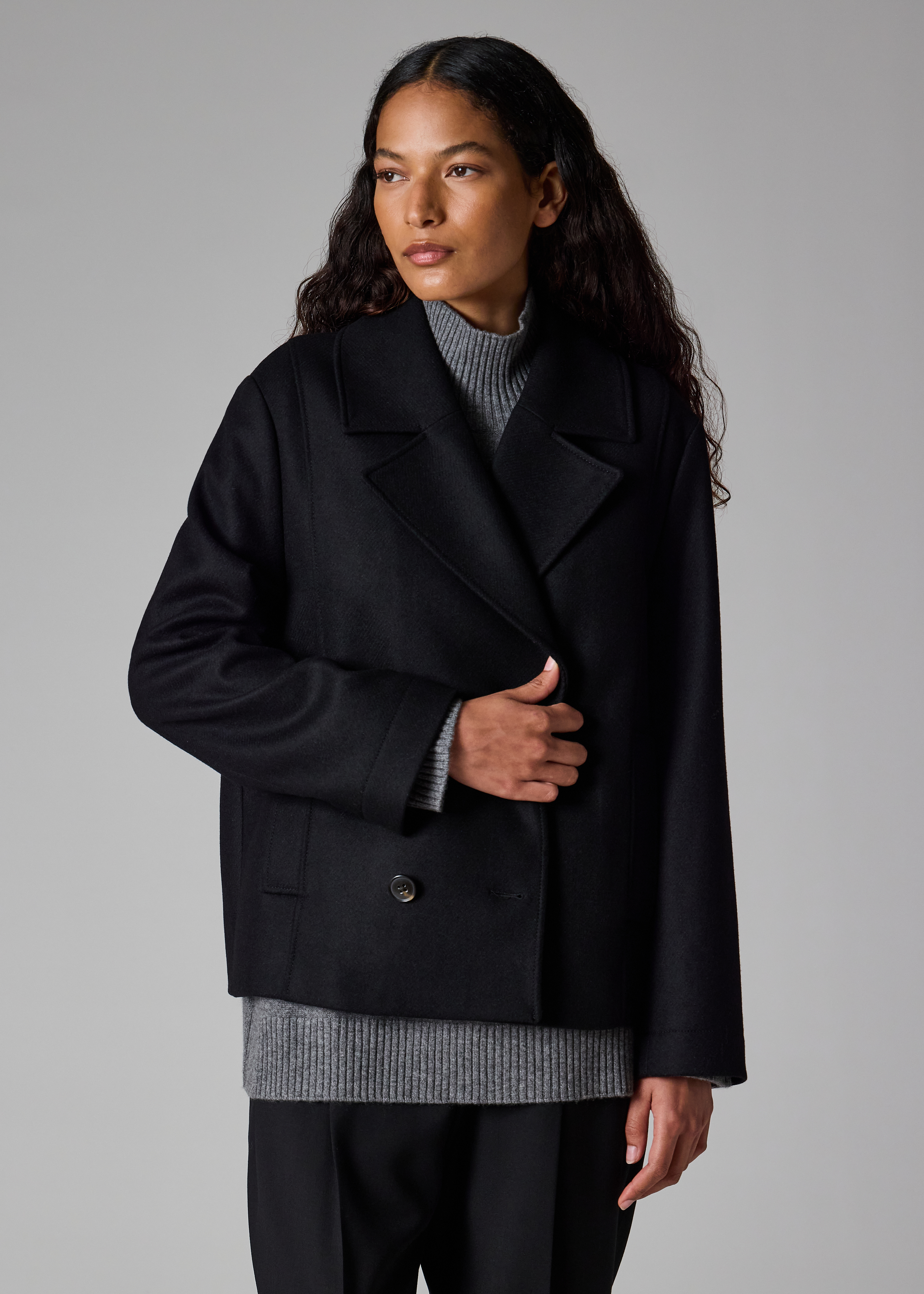 Women's Black Wool-Cashmere Blend Short Pea Coat