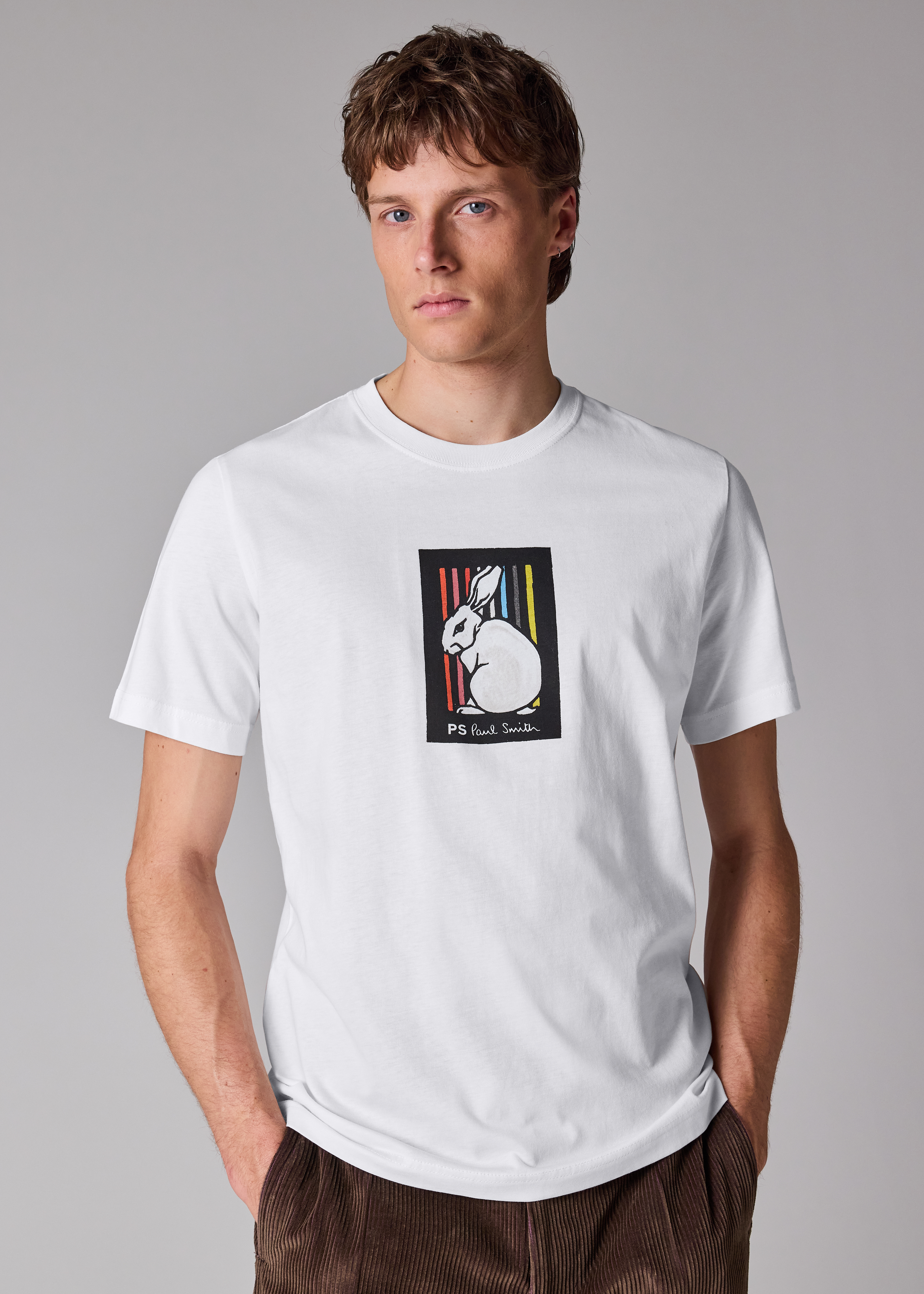 Men's White Cotton 'Rabbit Stripe' Print T-Shirt