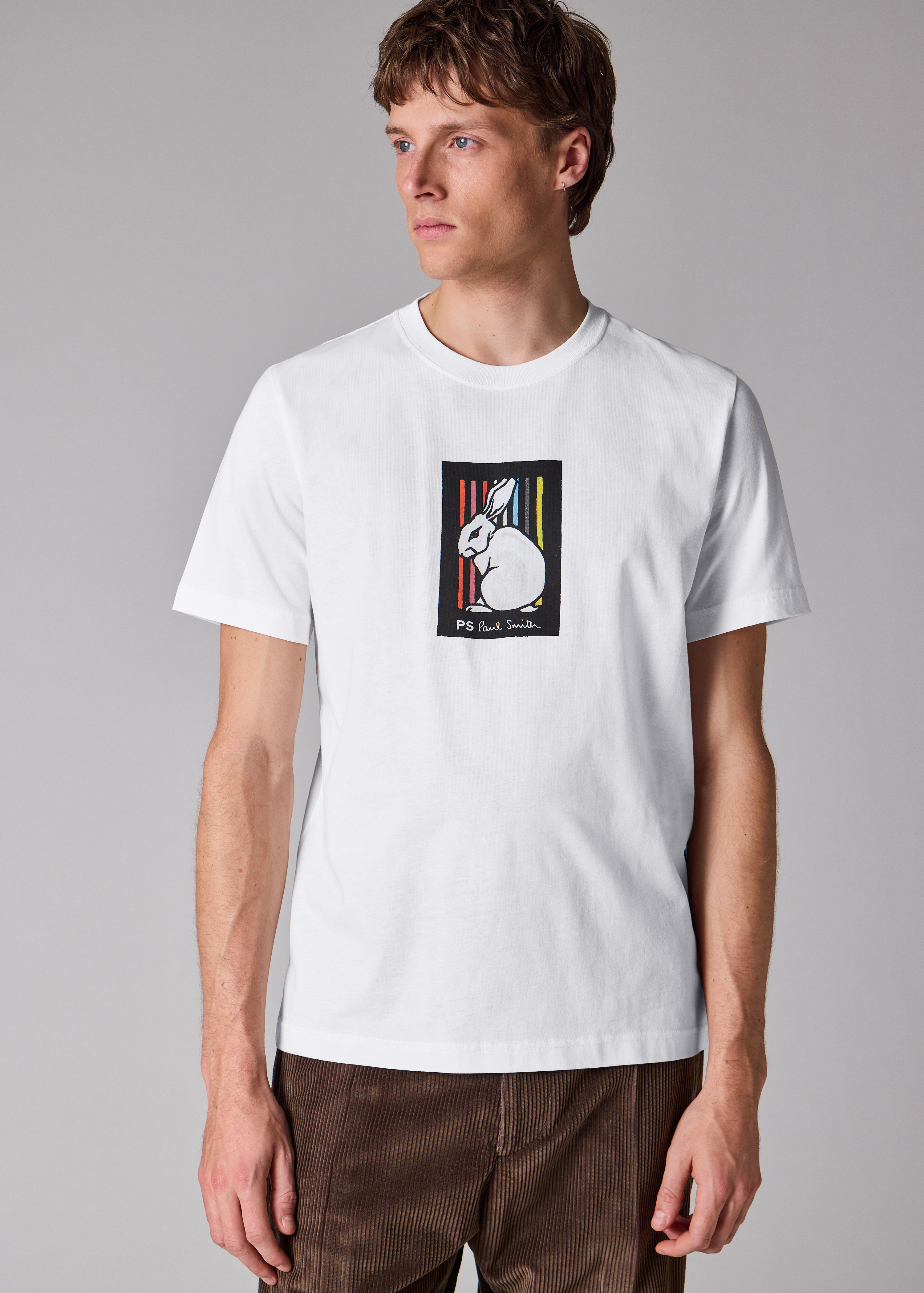 Men's White Cotton 'Rabbit Stripe' Print T-Shirt