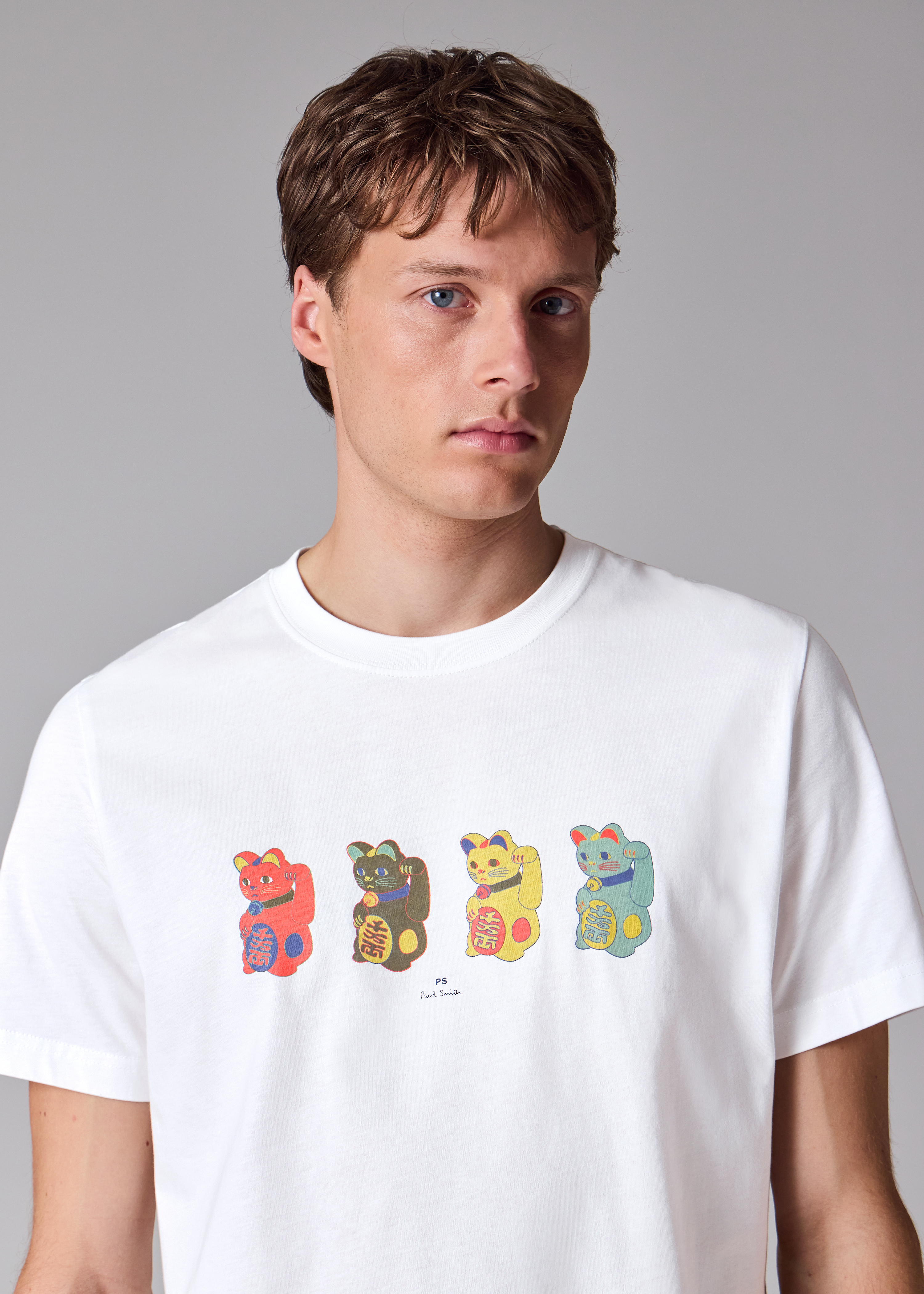 Men's White 'Lucky Cats' Print T-Shirt