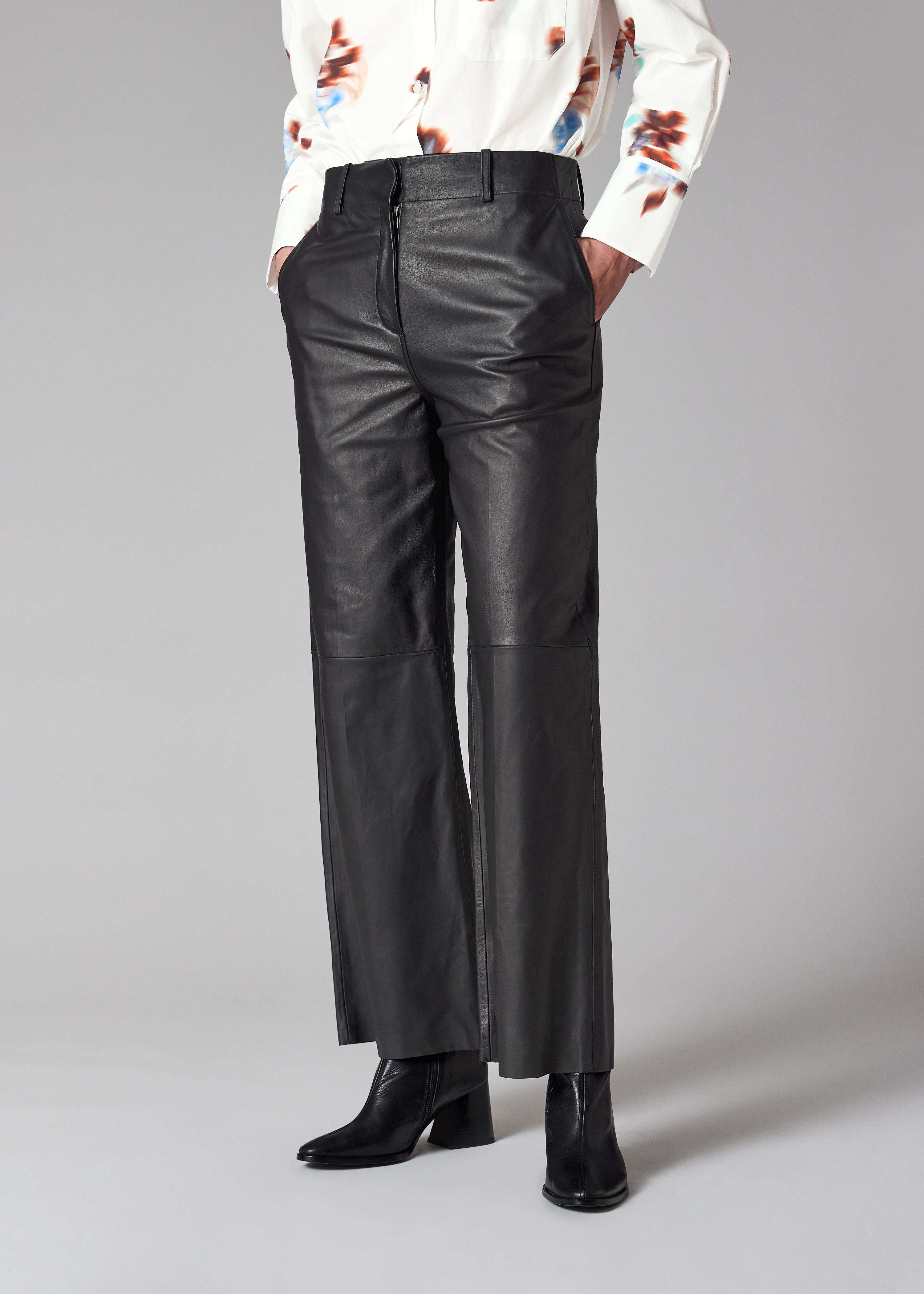 Women's Black Leather Straight-Leg Trousers