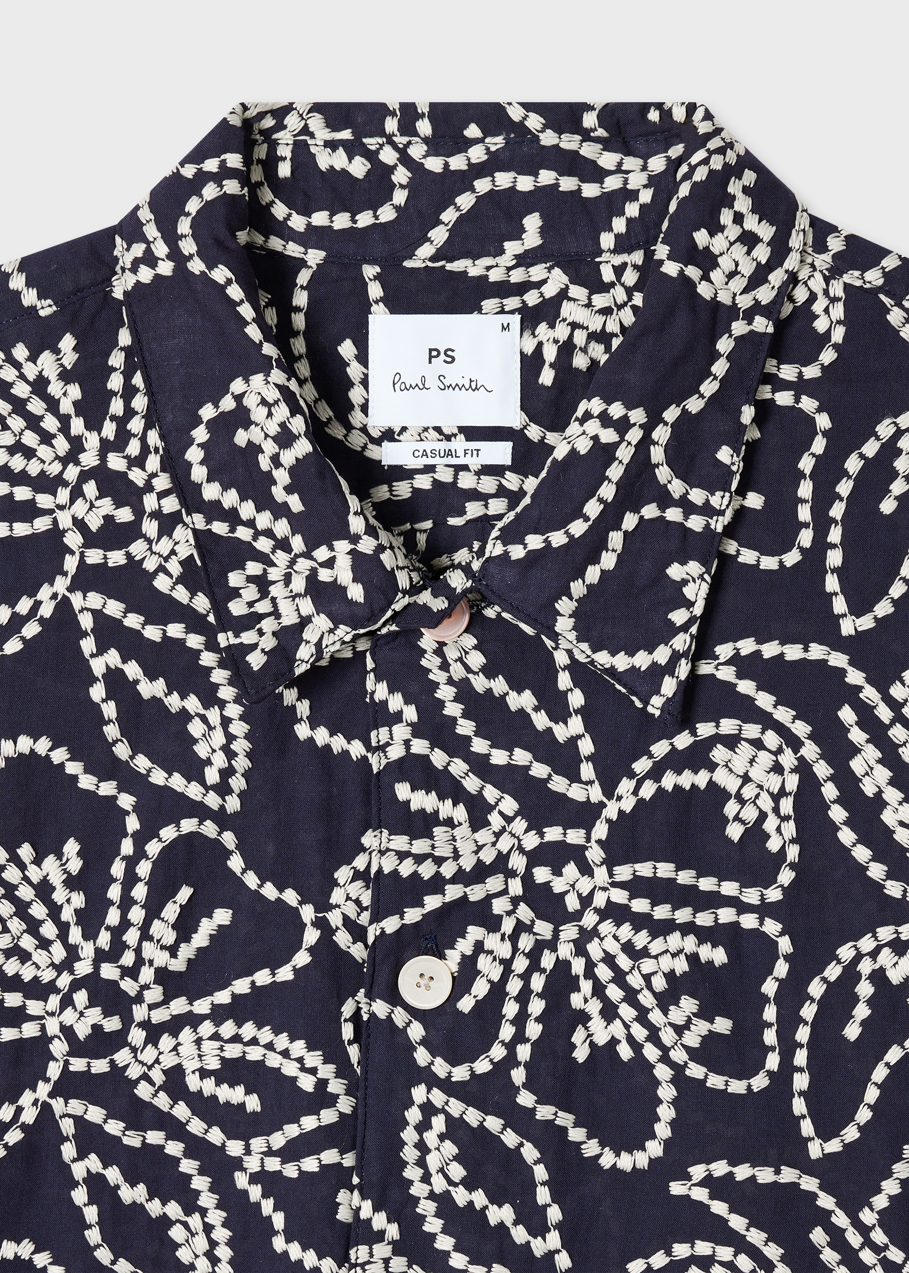 Men's Casual-Fit Navy Floral Embroidery Short-Sleeve Shirt