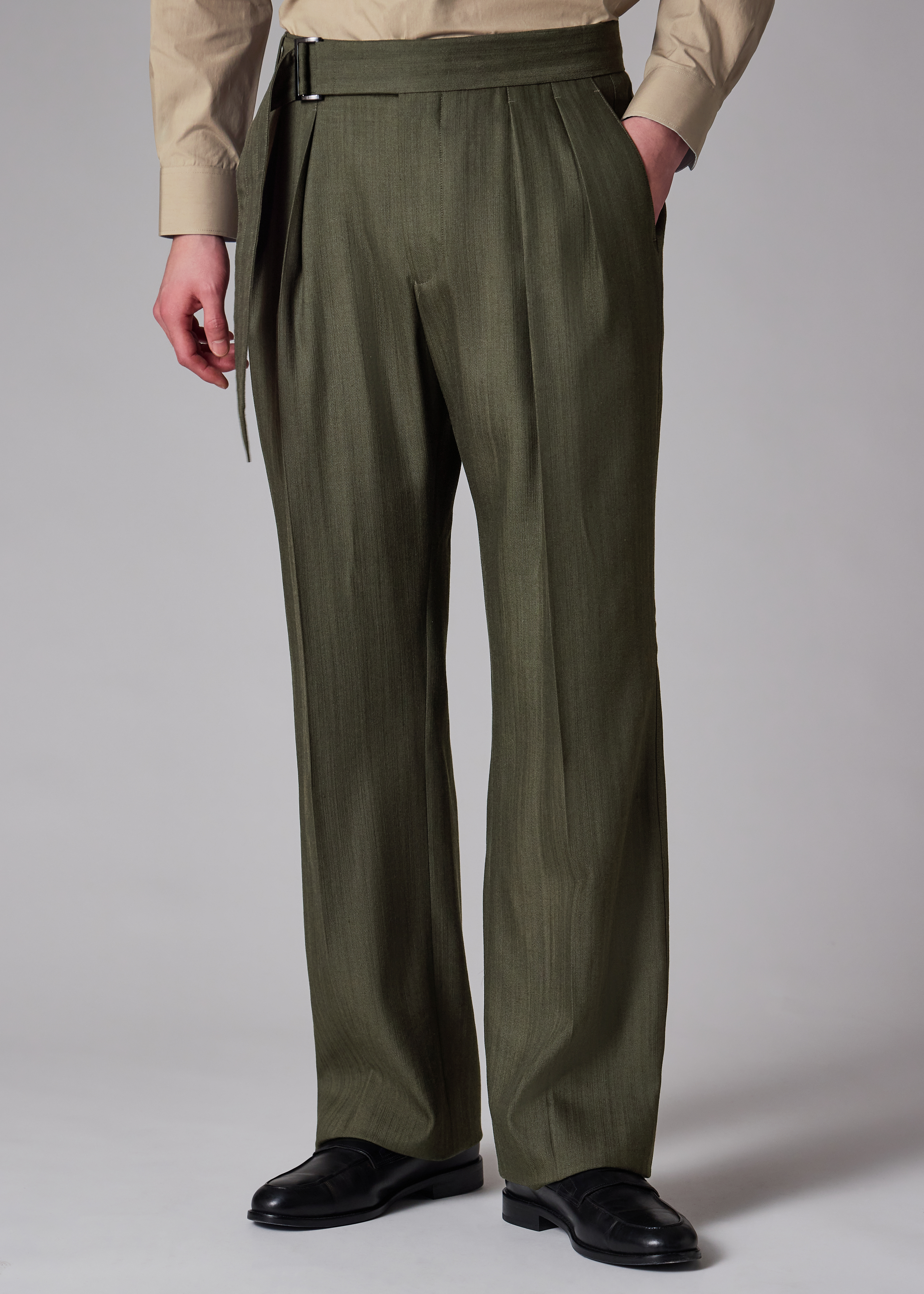 Paul Smith Khaki Textured Wool-Lyocell Belted Trousers | King's Cross
