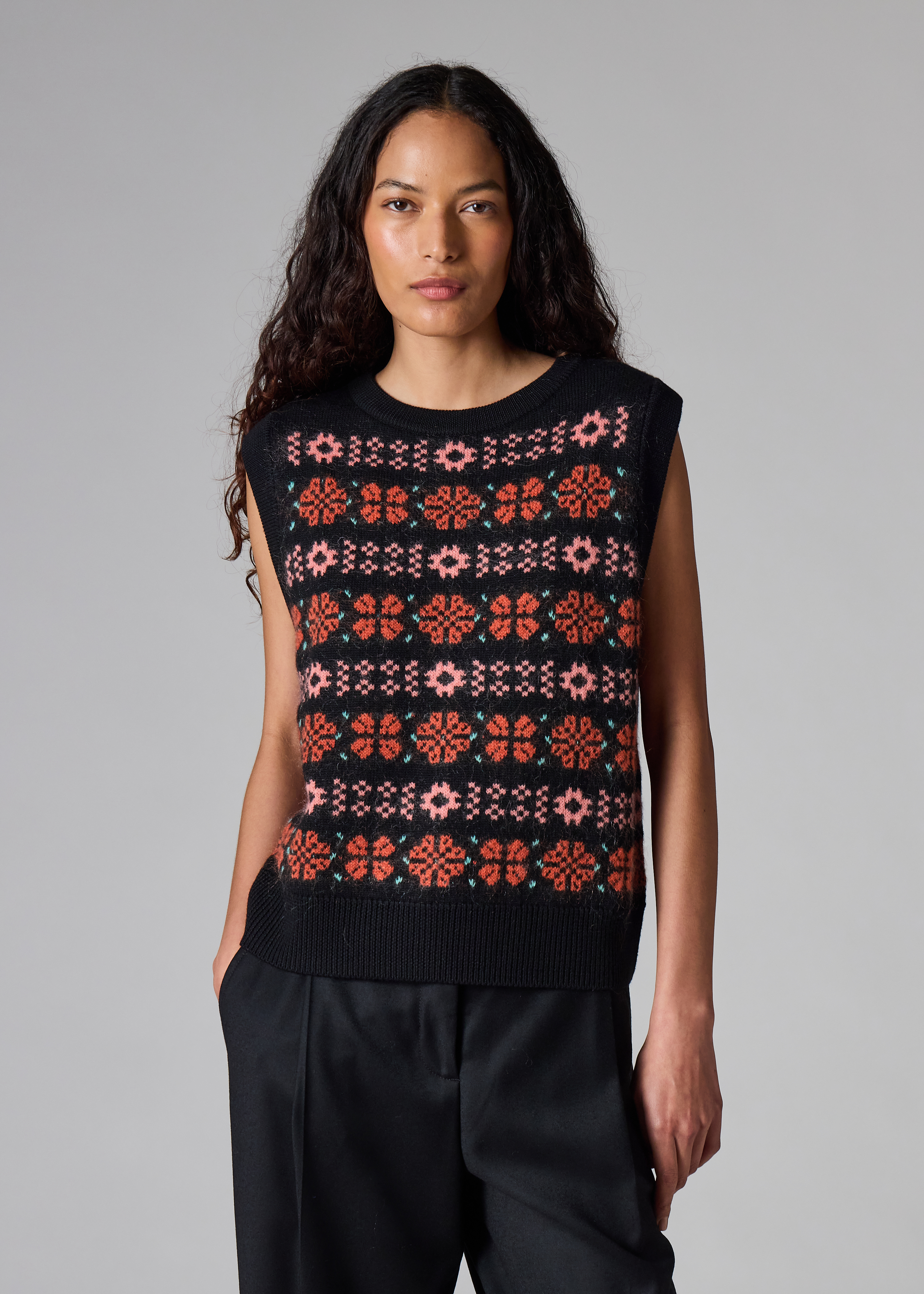 Women's Black and Red Fairisle Knitted Vest