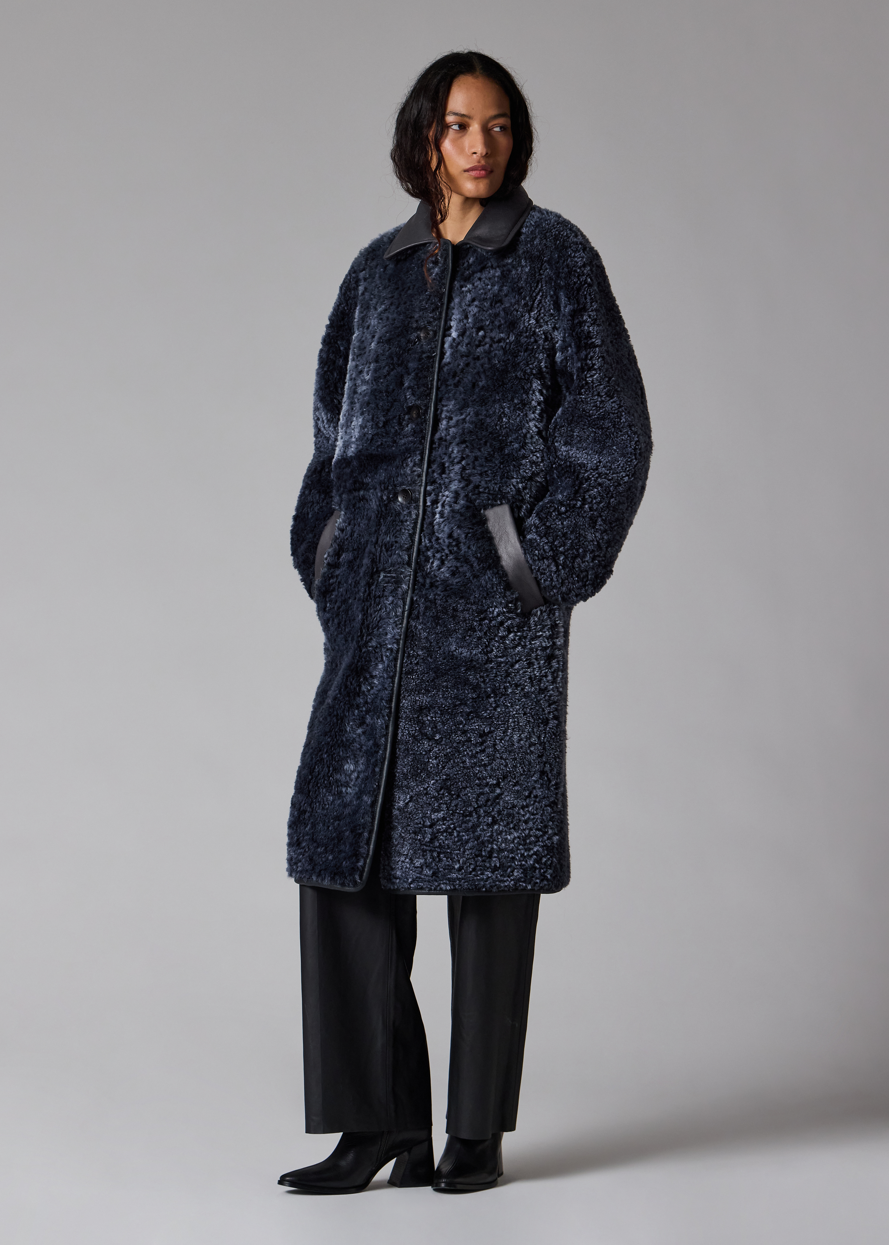 Women's Navy Reversible Leather and Shearling Coat