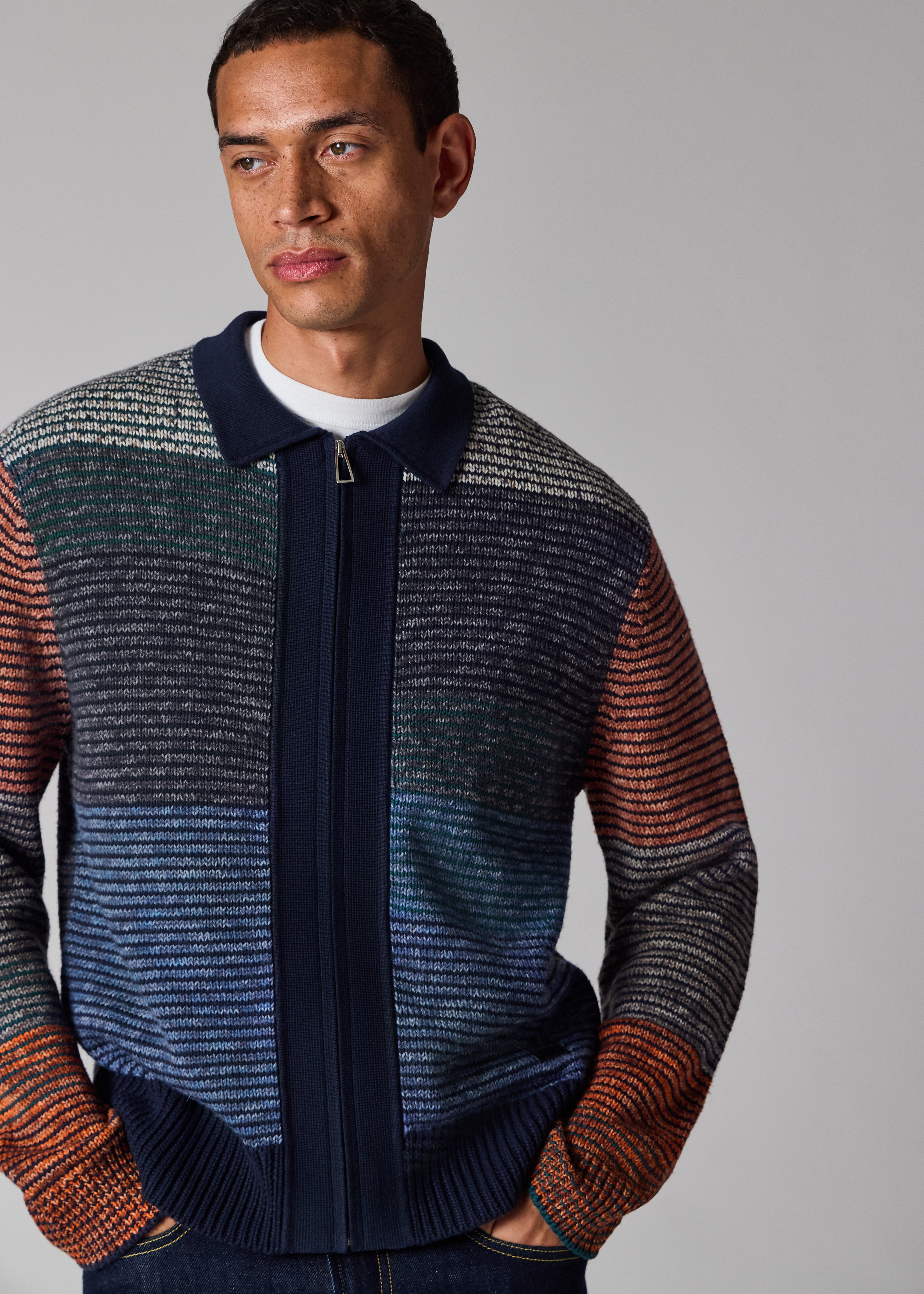PS Paul Smith Navy Colour-Block Zip-Through Cotton-Wool Cardigan 