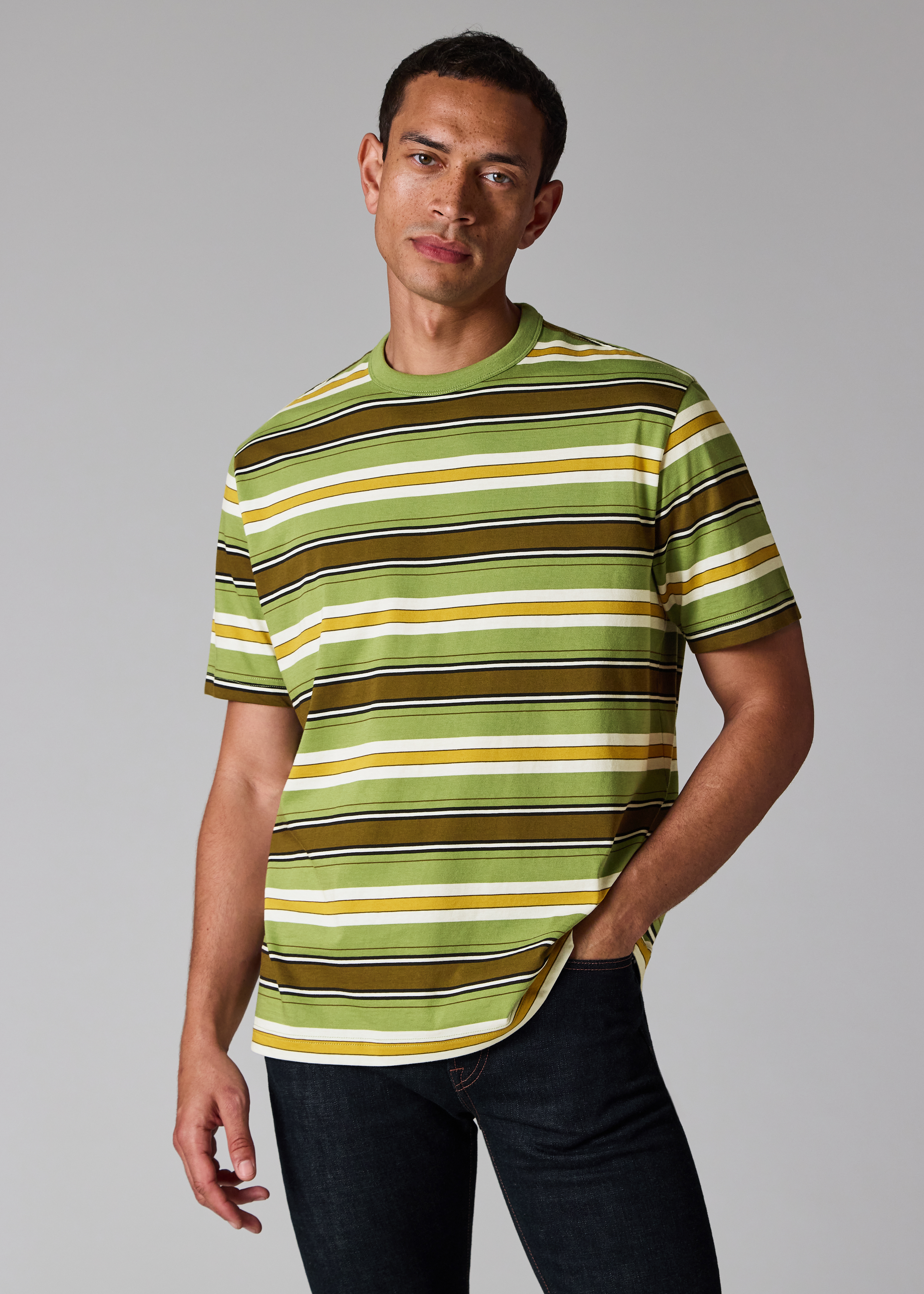 T-shirt manches courtes en coton à rayures vert sapin – Serge Blanco