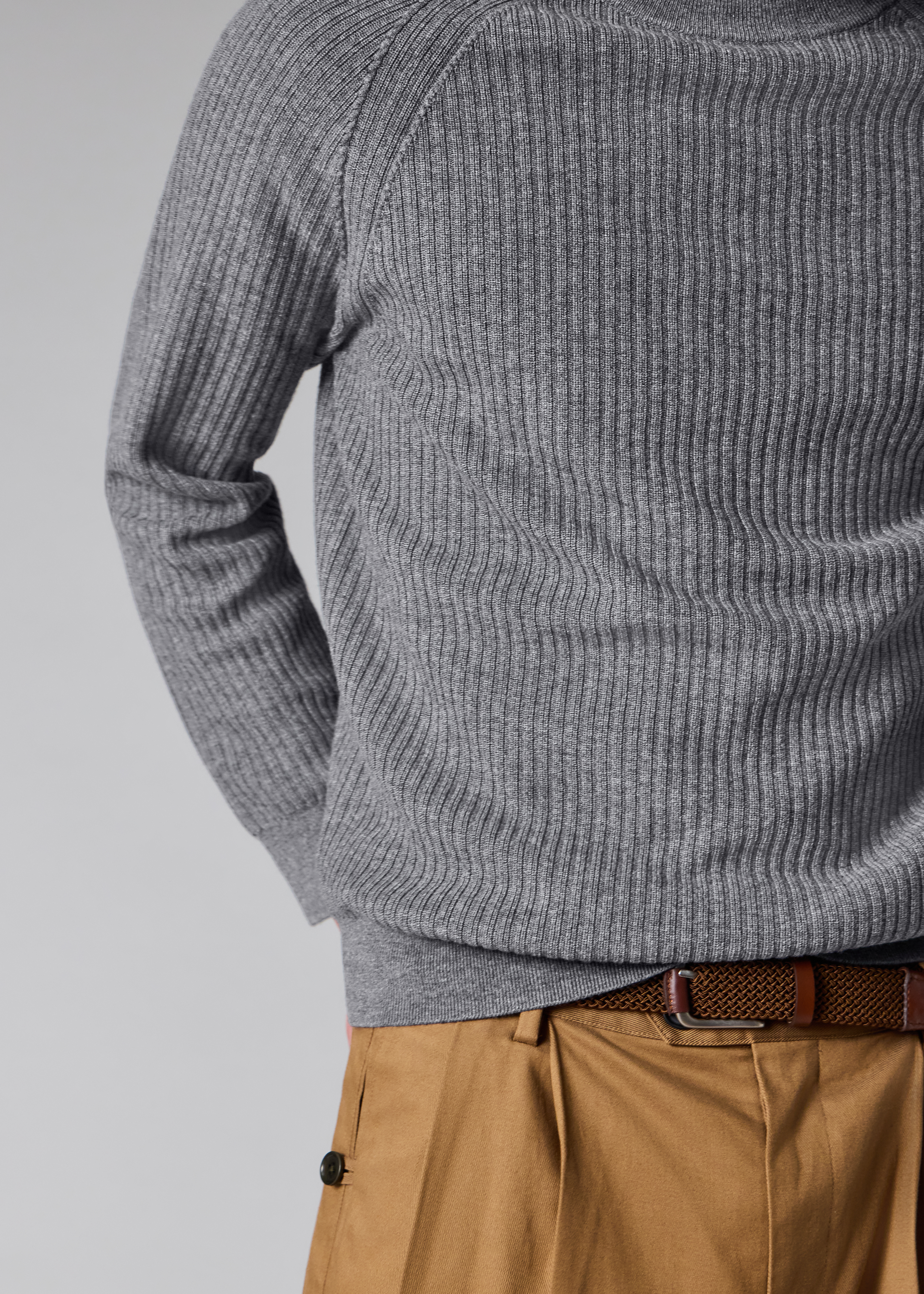 Men's Grey Merino Wool-Cotton Blend Ribbed Sweater
