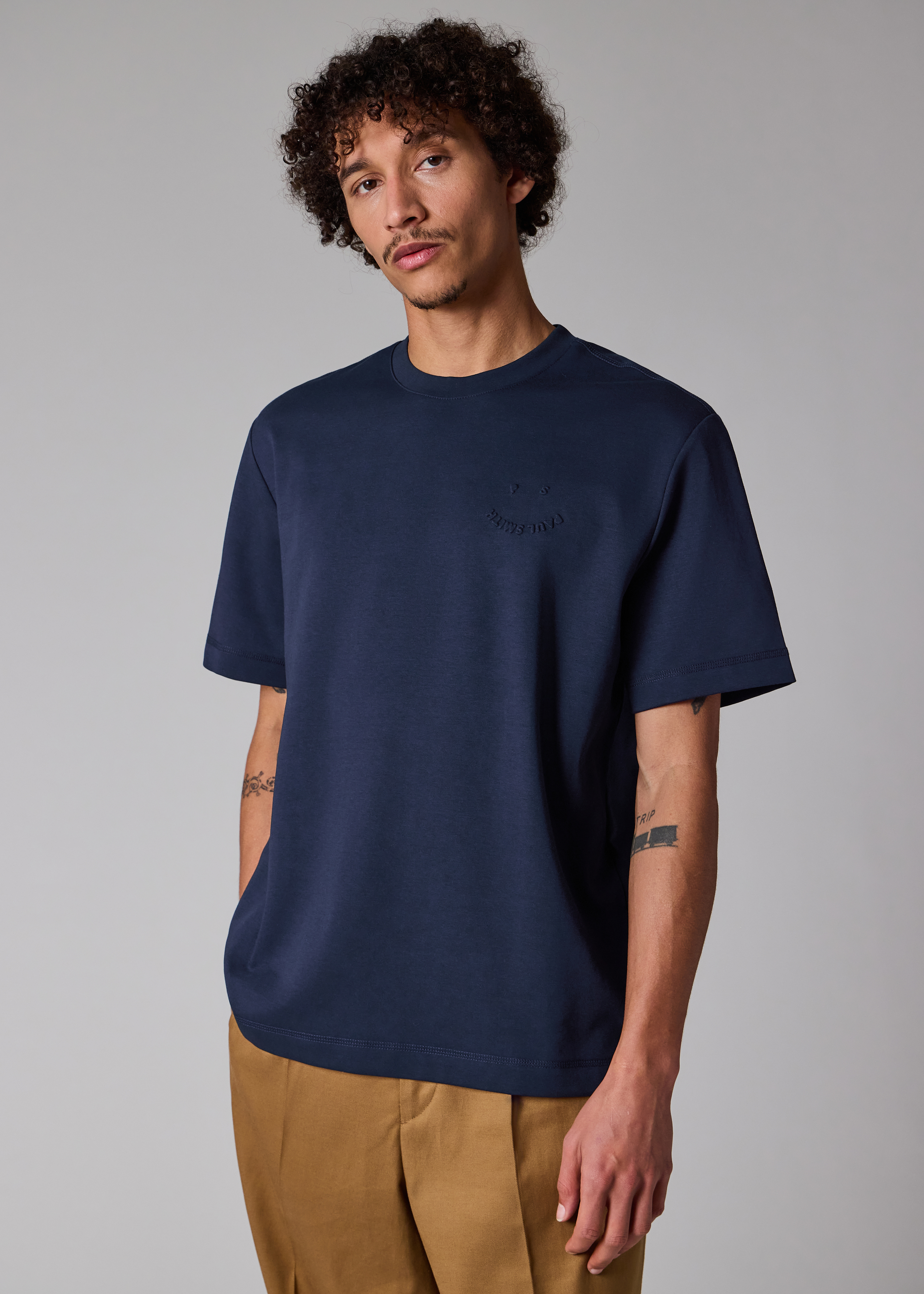 Men's Casual-Fit Navy Embossed 'Happy' T-Shirt