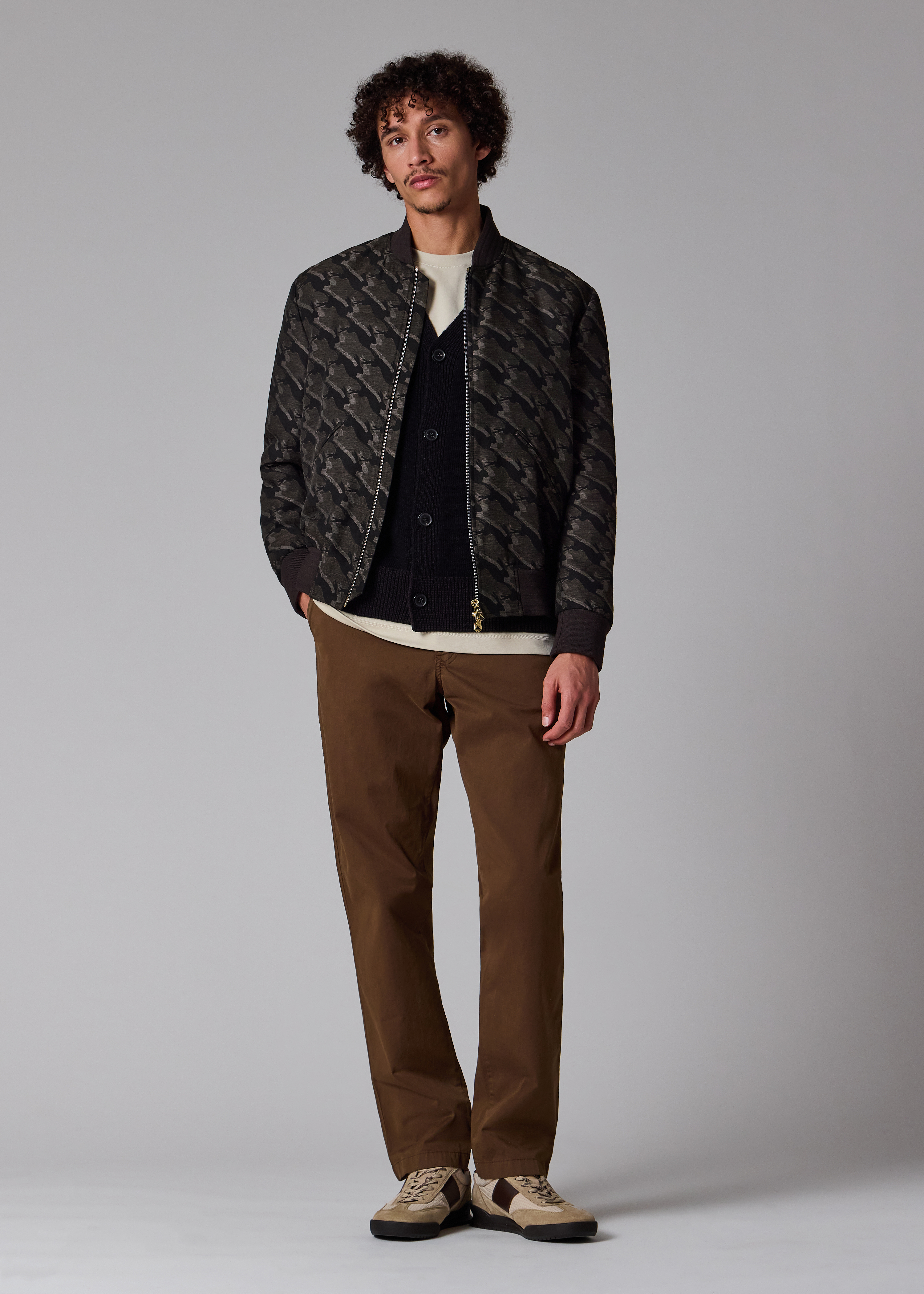 Men's Grey and Brown 'Rabbit' Jacquard Bomber Jacket