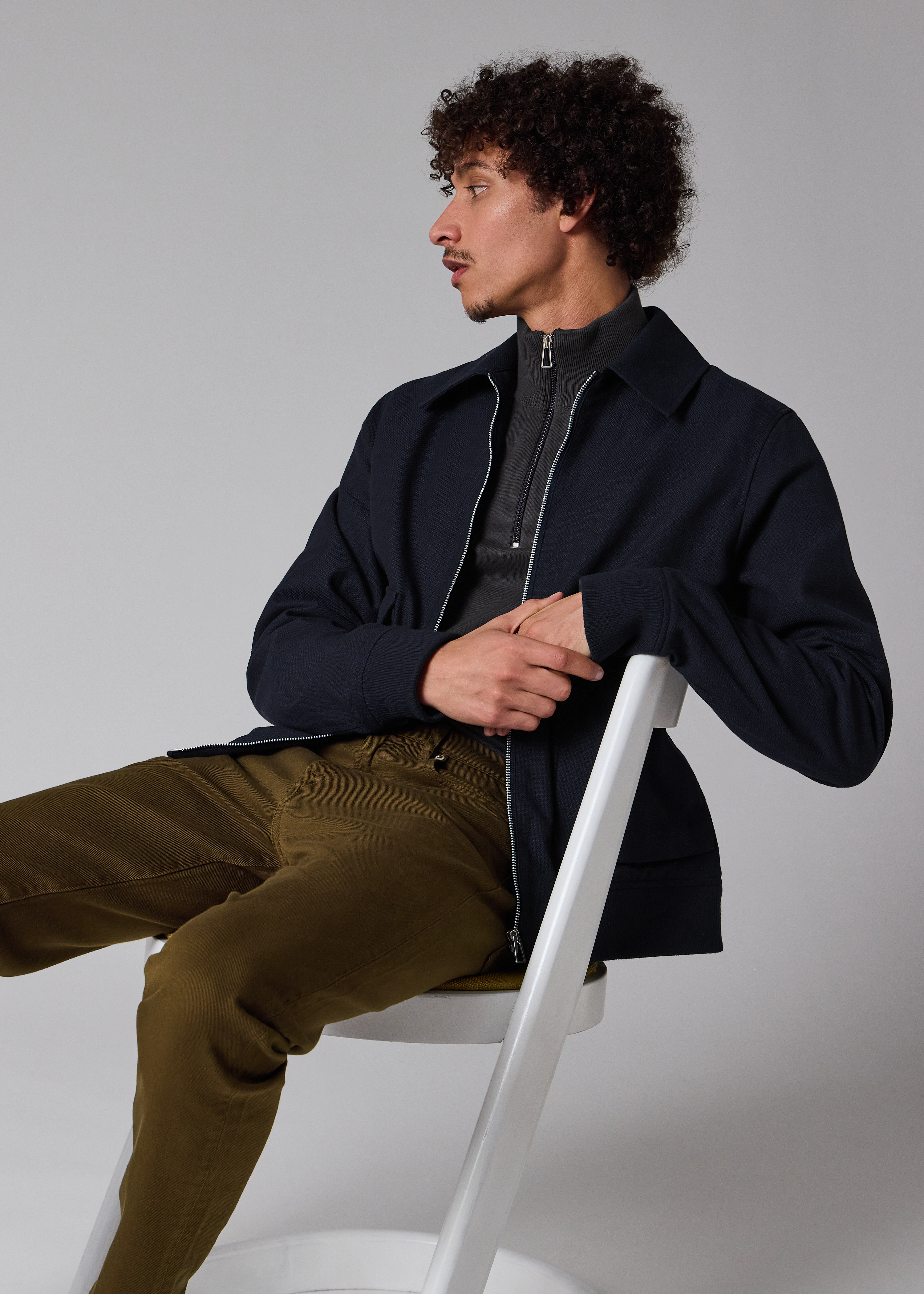 Men's Navy Cotton and Wool-Blend Textured Jacket
