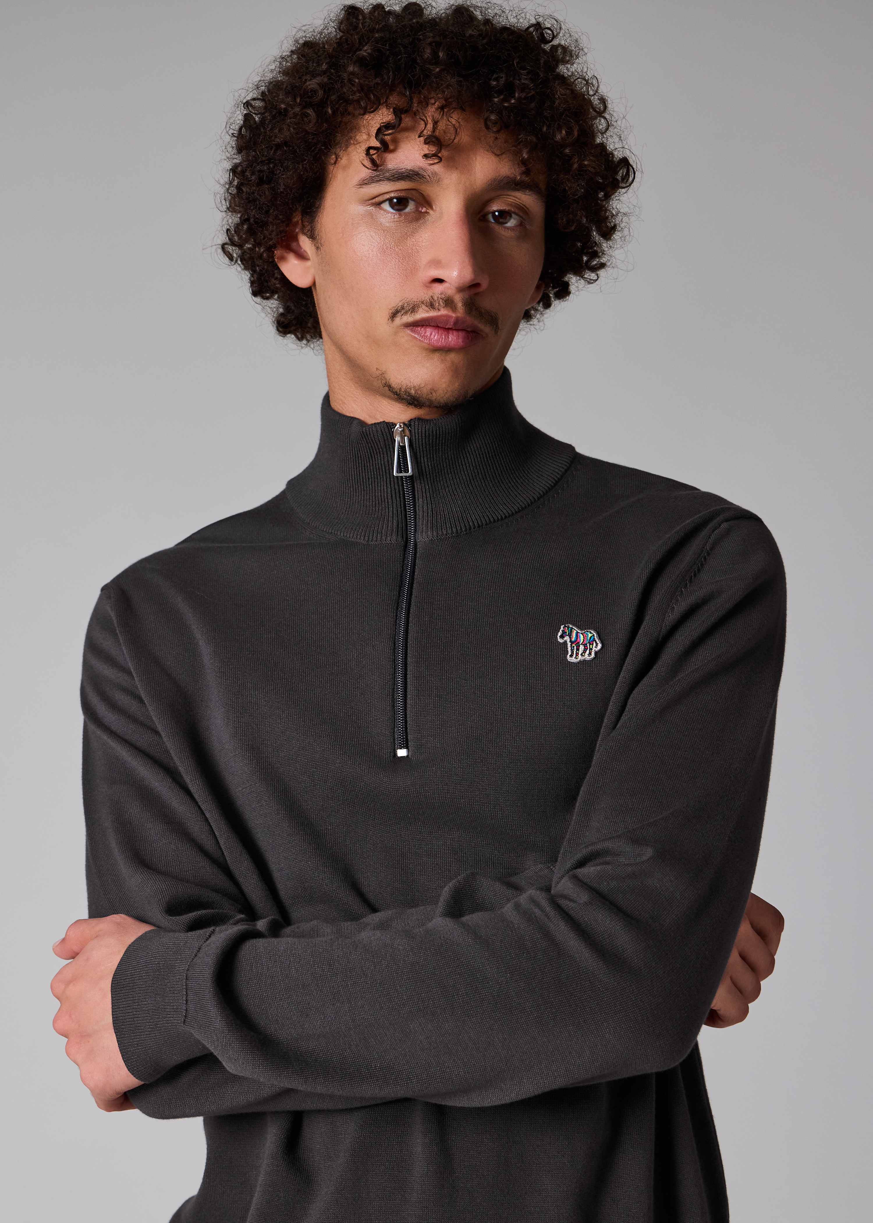 Men's Dark Grey Organic Cotton Half Zip Zebra Logo Sweater