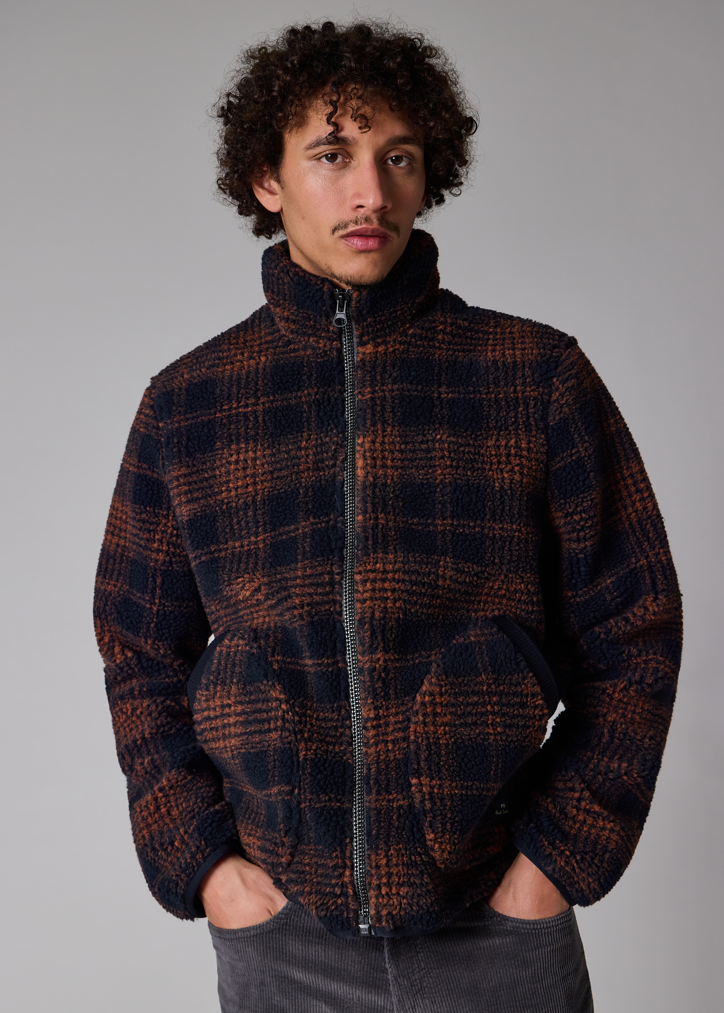 Men's Navy and Orange Check Zip Fleece Jacket
