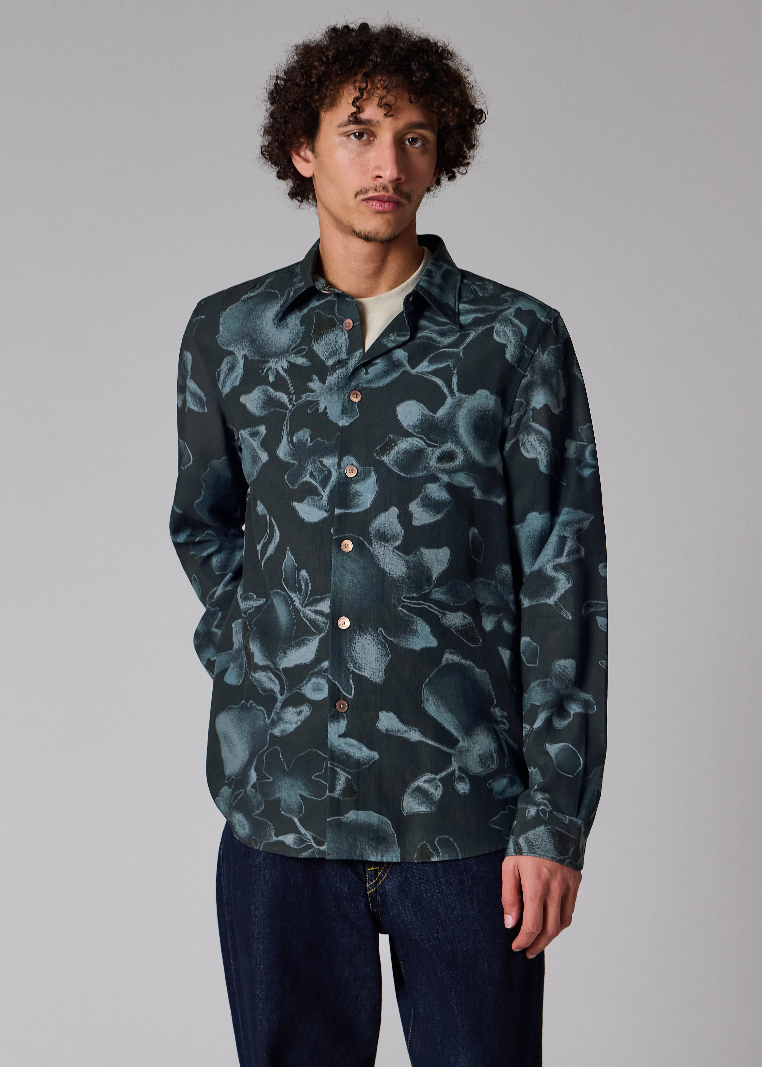 Men's Navy 'Good Fortune Floral' Print Shirt