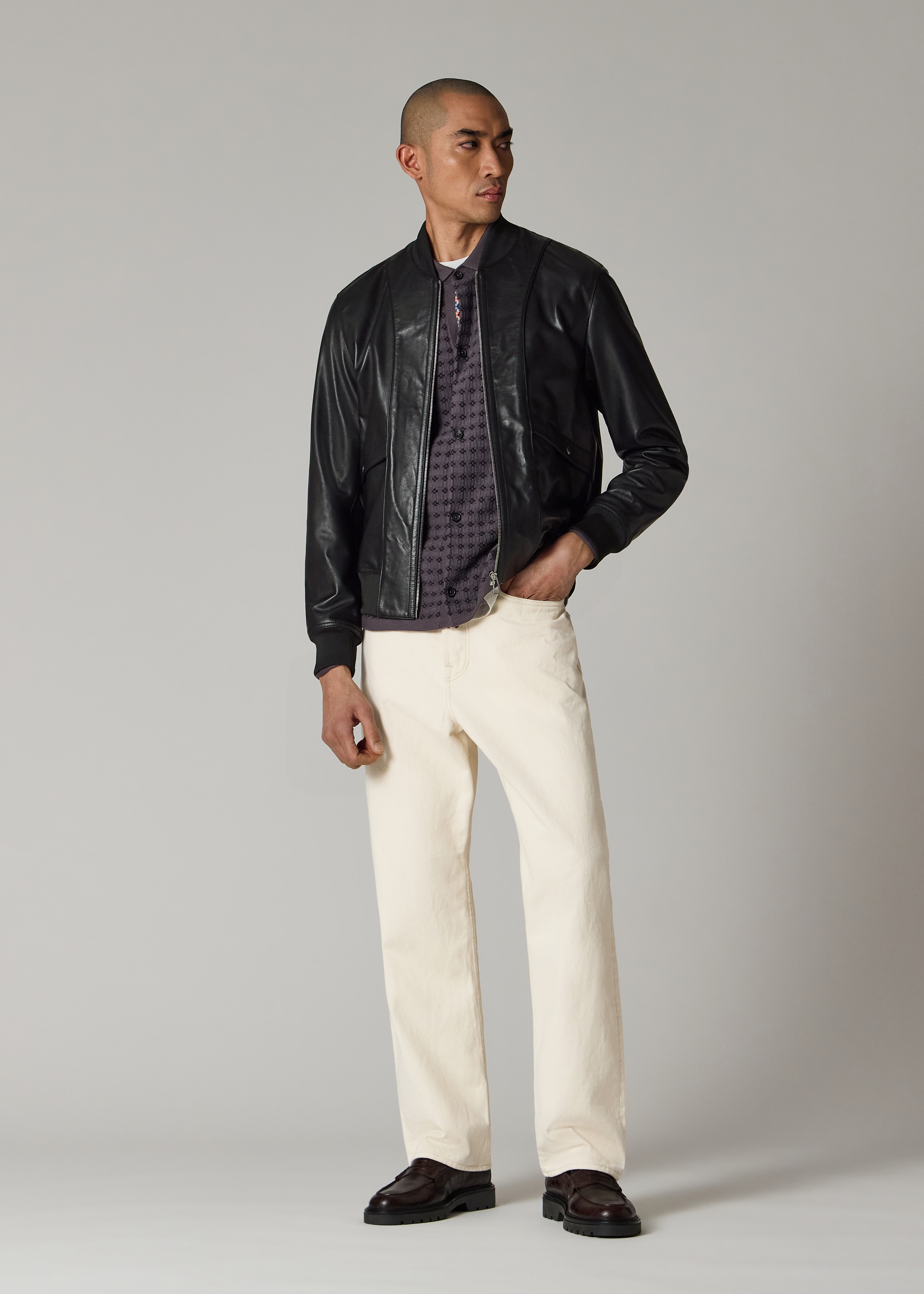 Men's Black Leather Zip-Front Bomber Jacket