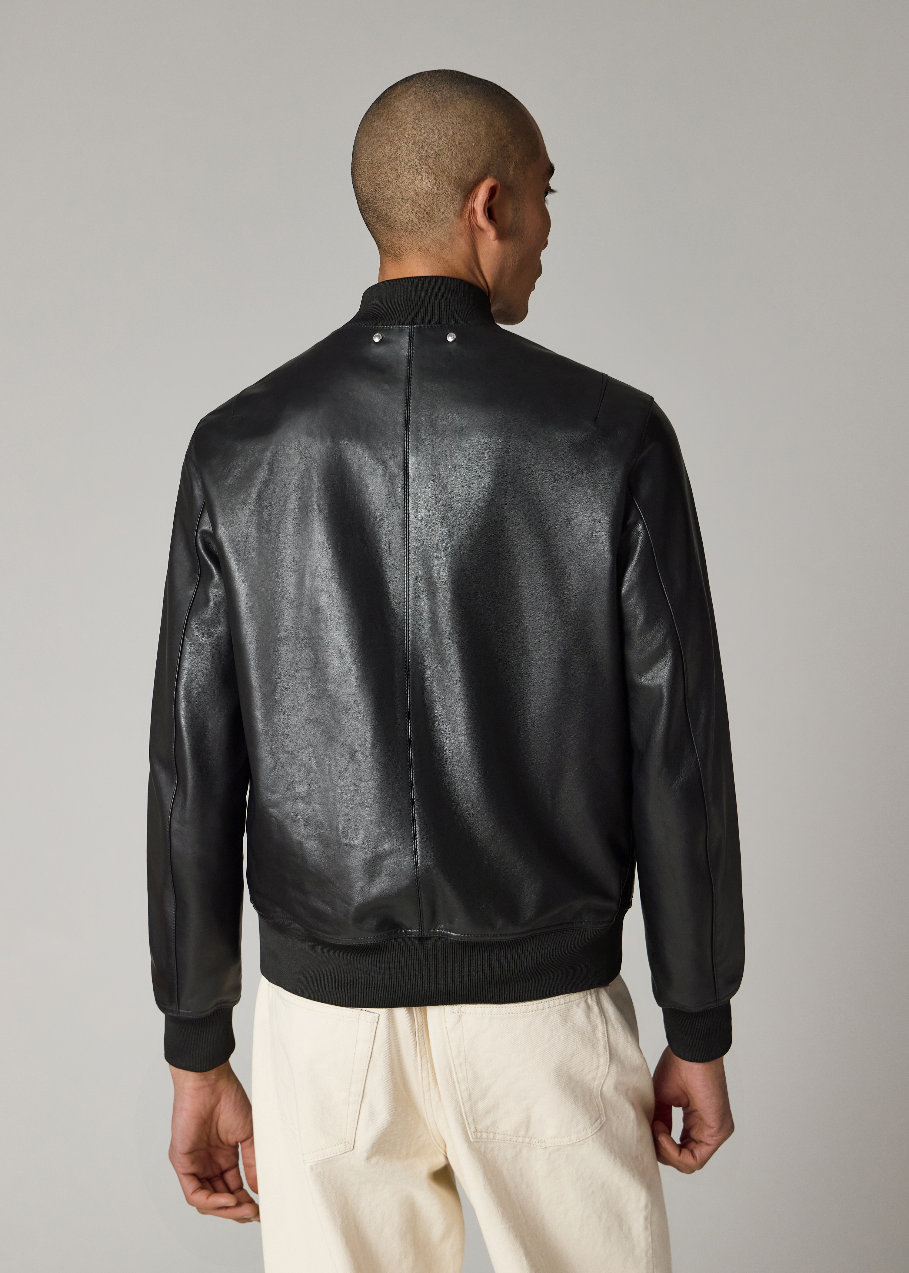 Men's Black Leather Zip-Front Bomber Jacket