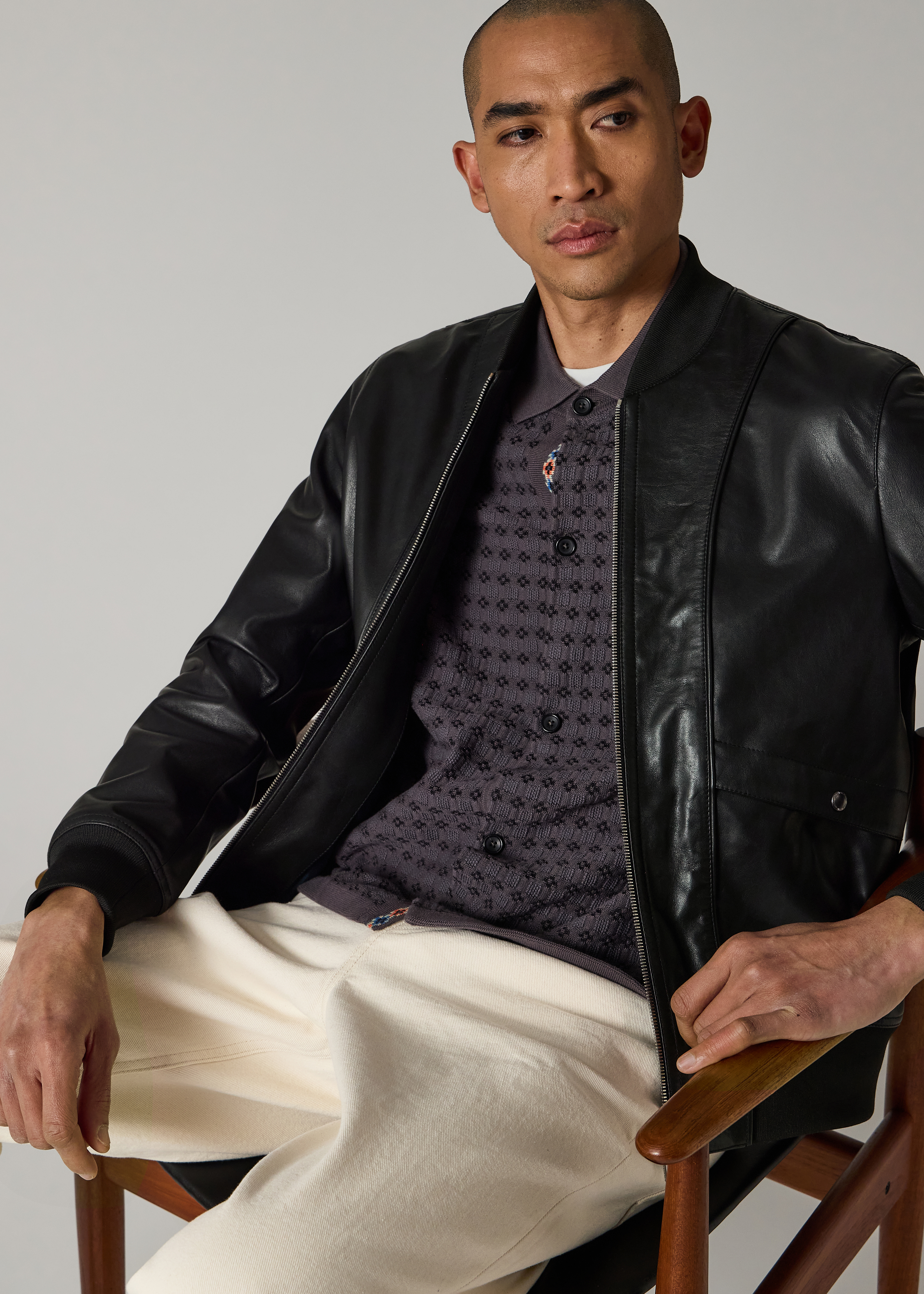 Men's Black Leather Zip-Front Bomber Jacket